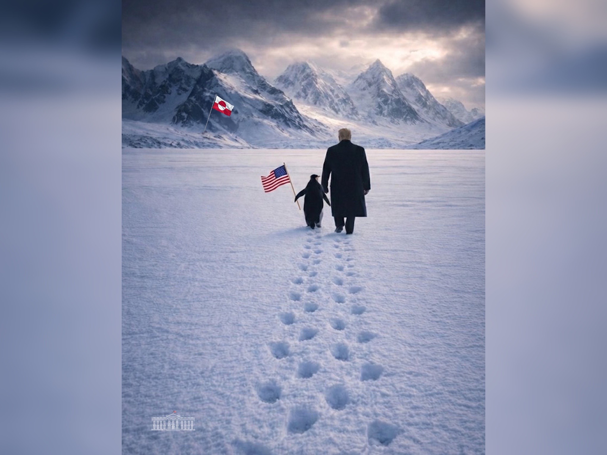 白宮今日凌晨透過X平台發出AI合成照,顯示像川普背影的男子牽著企鵝登上格陵蘭,但北極沒有企鵝,這張圖遭網友嘲諷。(翻攝自The White House/X平台)