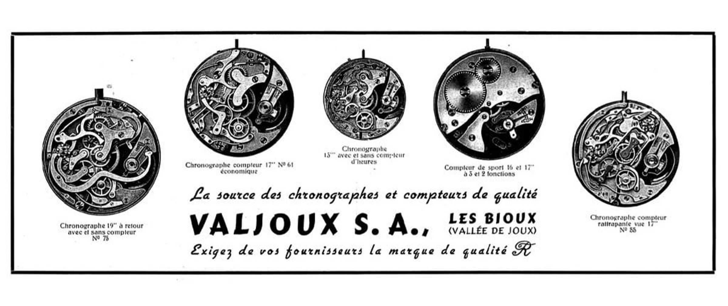 Valjoux SA的機芯廣告，而「Valjoux」則是Vallée de Joux（汝山谷）的縮寫。