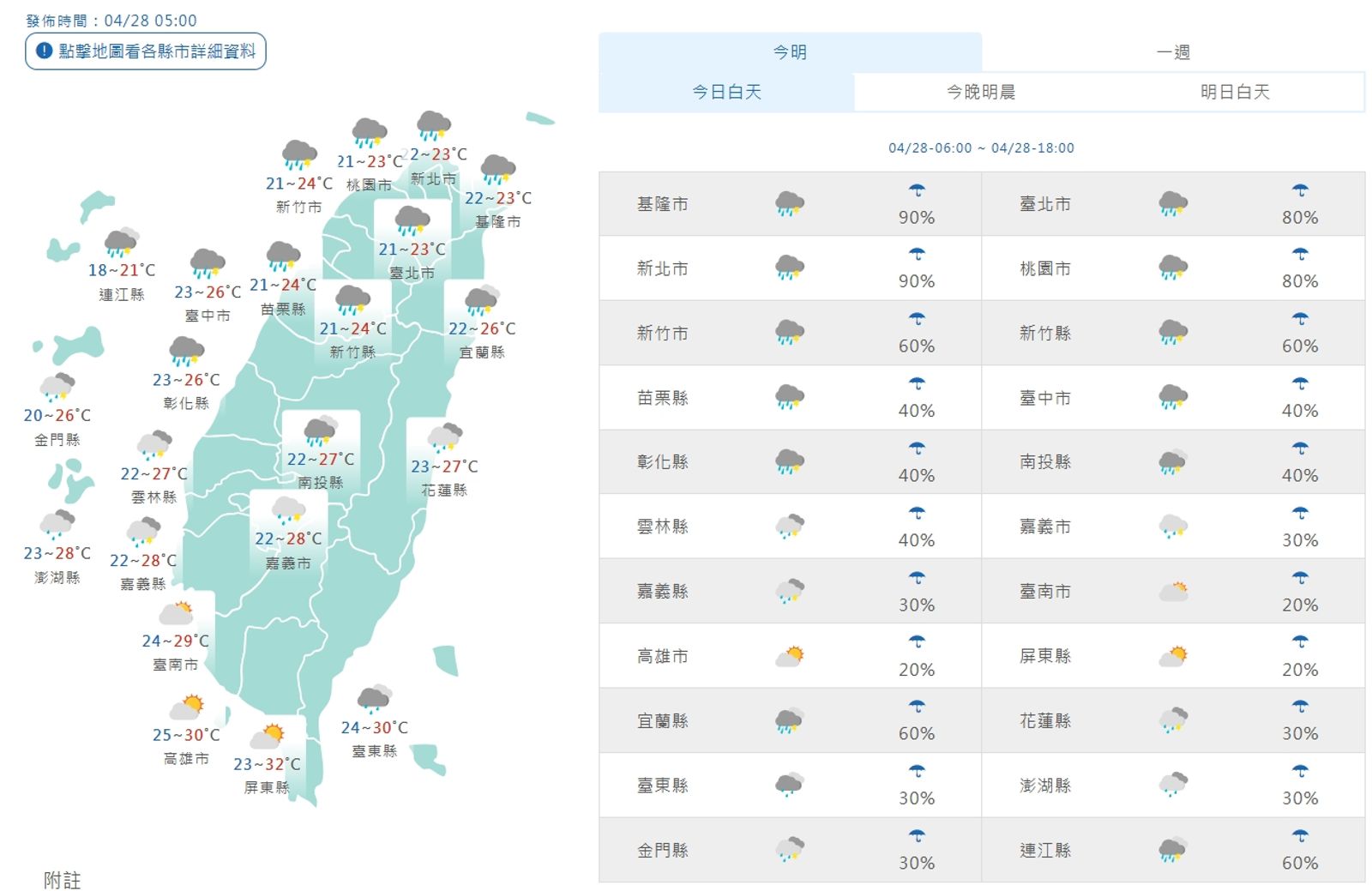 今日白天一覽一覽。（翻攝自中央氣象署官網）
