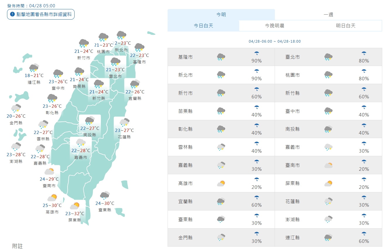 今日白天一覽一覽。（翻攝自中央氣象署官網）