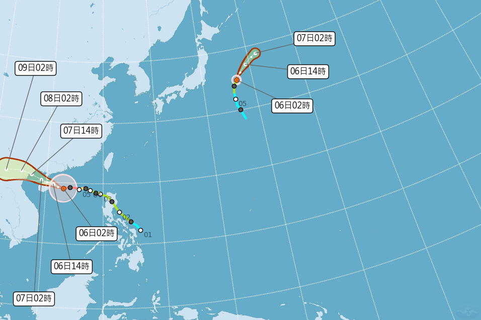 強颱「摩羯」與今年第12號颱風「麗琵」各自朝海南島方向及日本外海而去，對台無直接影響。（氣象署提供）