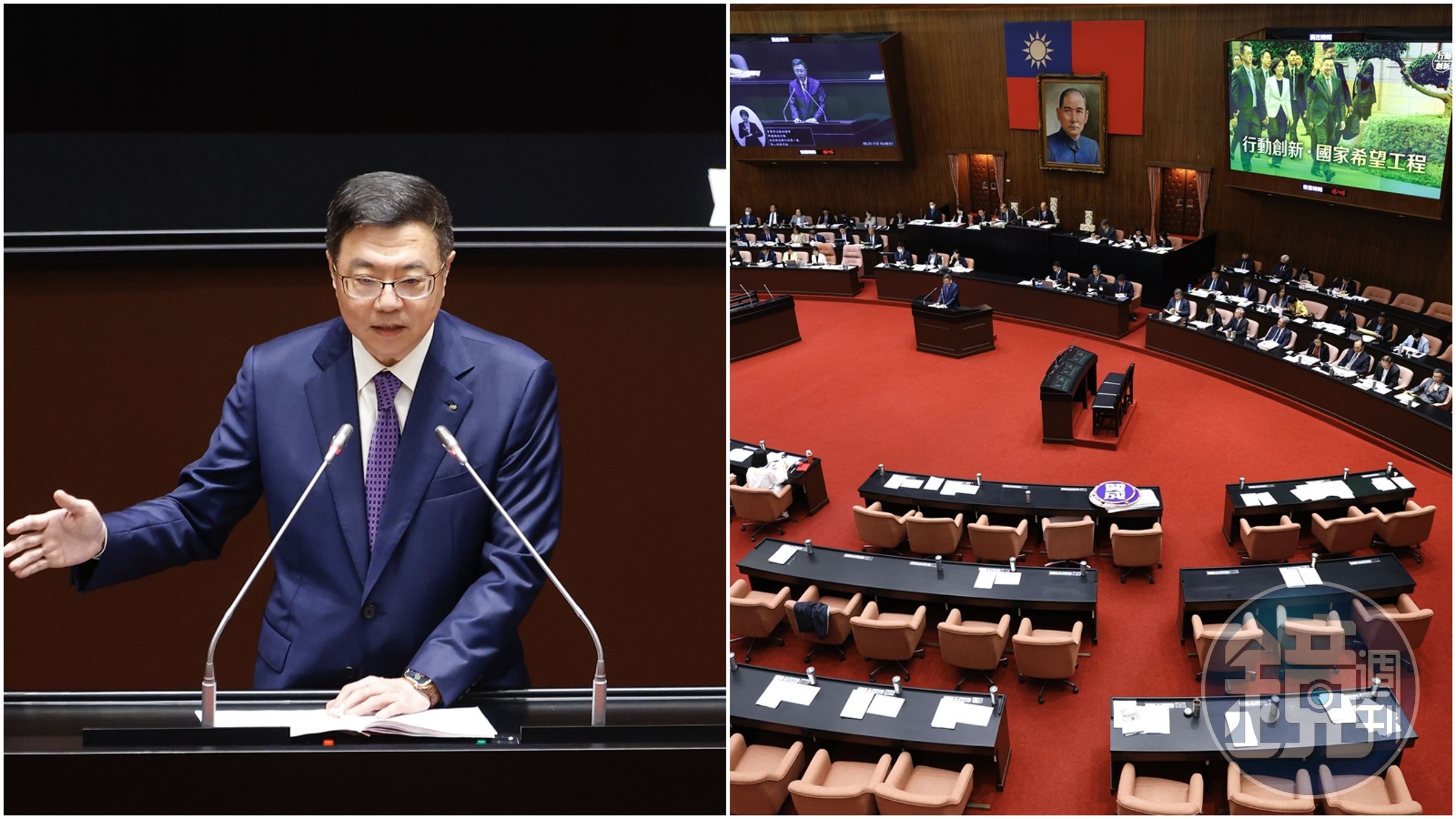 卓榮泰今日進行施政報告，但藍委集體離席以表達抗議。
