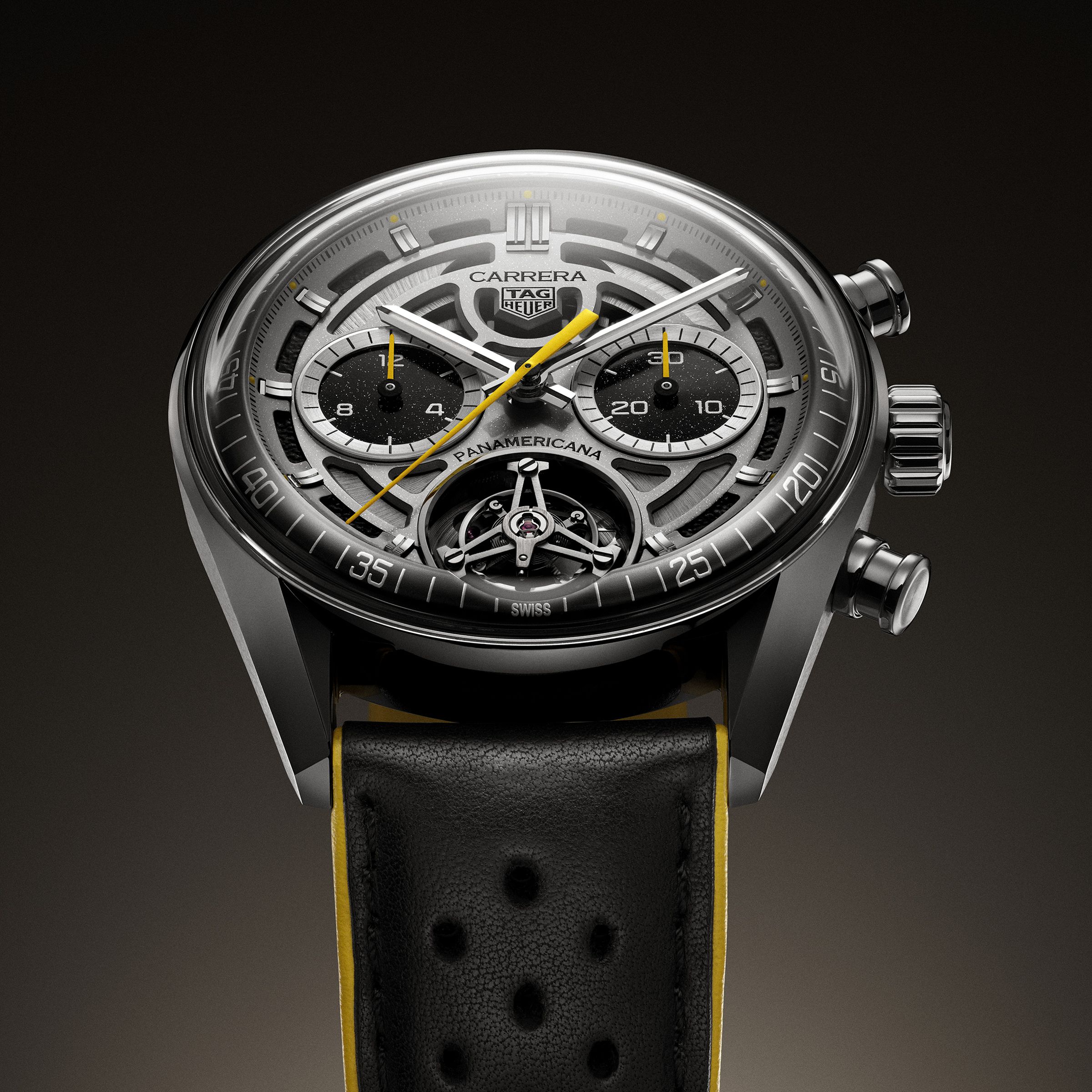 Carrera PORSCHE陀飛輪計時碼錶泛美公路賽限量版,限量255只,定價只,定價NT$1,177,800。