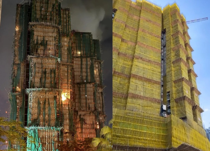 香港宏福苑發生70年來最嚴重大火，外牆竹棚架與綠色防護網疑助長火勢，55人不幸罹難，政府宣布全面調查。（翻攝自Threads）