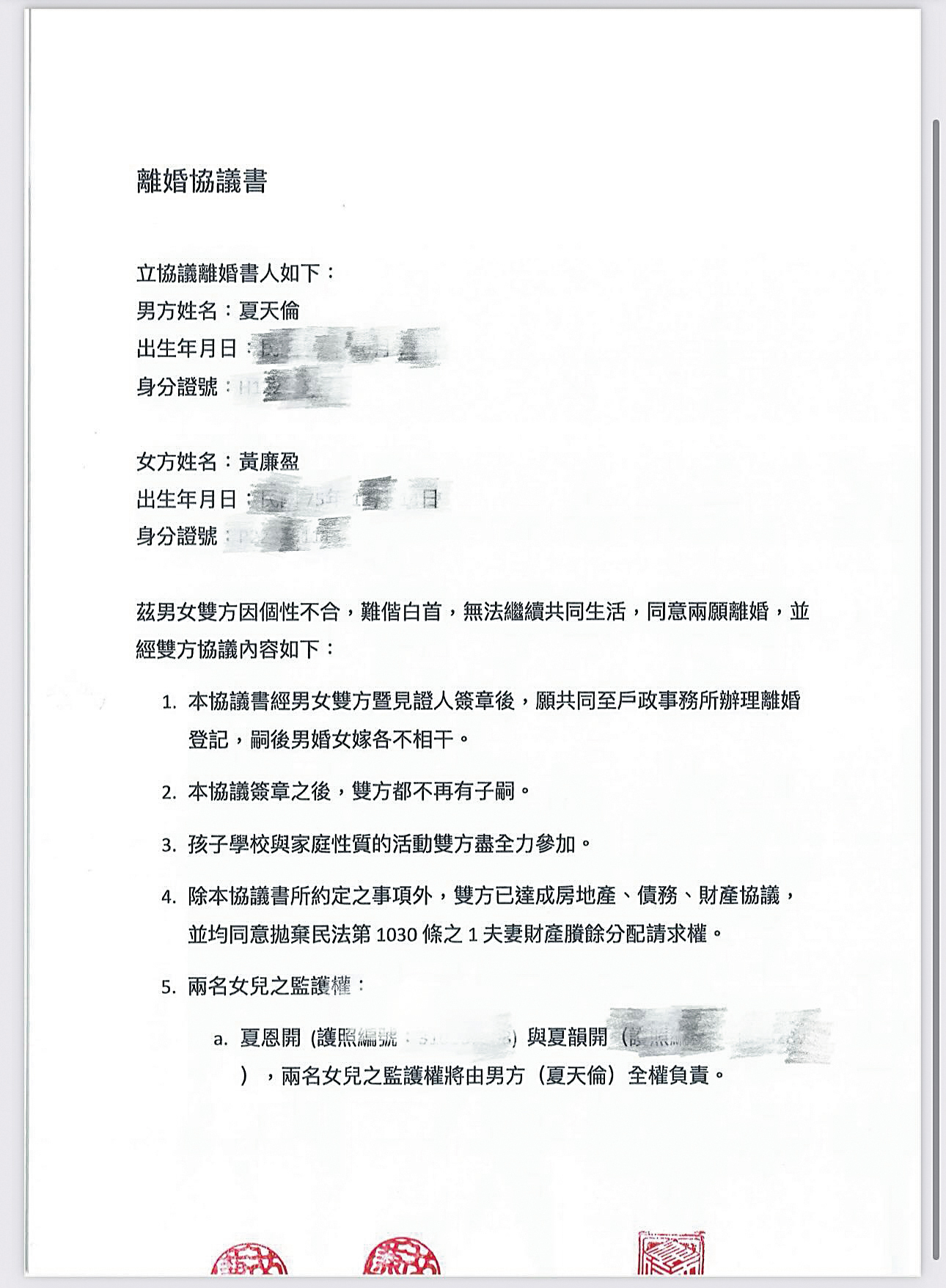 夏天倫在社群上秀出和夏黃廉盈的離婚協議書。（翻攝自夏天倫Threads）