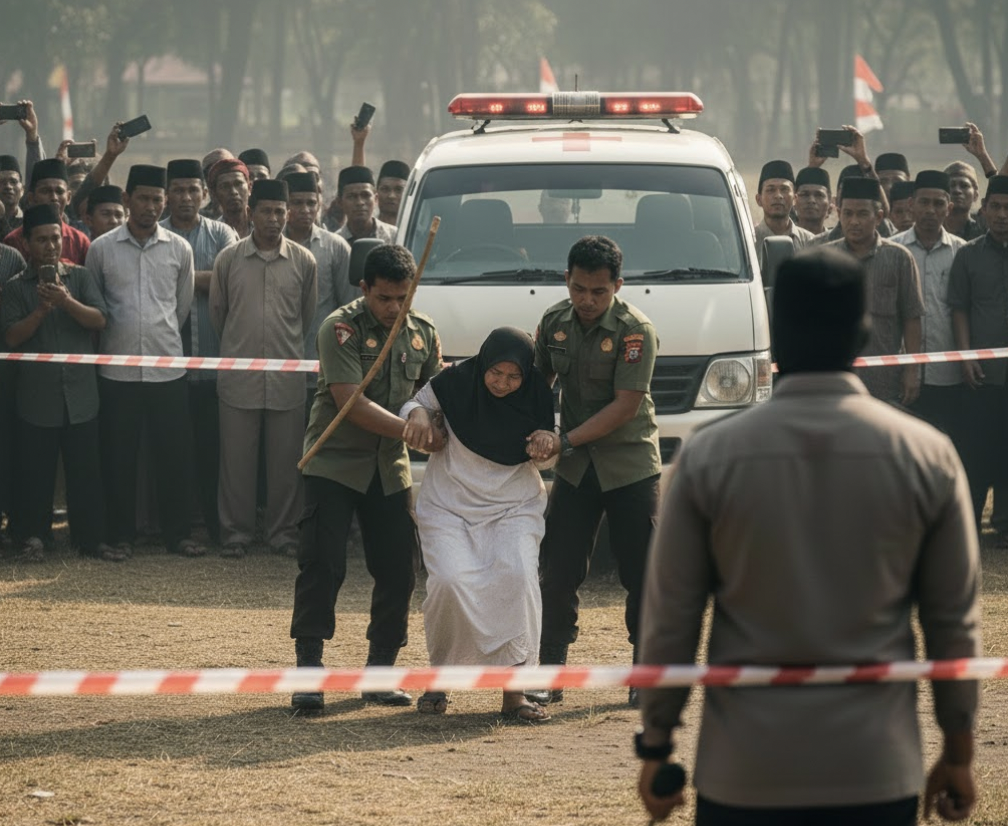 一名印尼女子因涉及婚外性行為與飲酒，遭處以亞齊省史上罕見的 140 下鞭刑，因不敵藤條重抽的劇痛，女受刑人最終在執行現場體力不支昏厥倒地。（示意圖，由AI生成）
