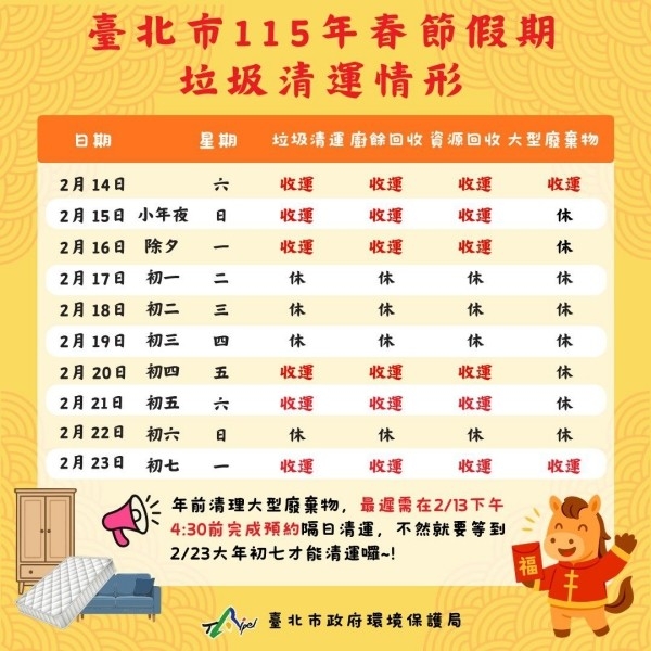 台北市春節期間垃圾清運時間一覽。（環保局提供）