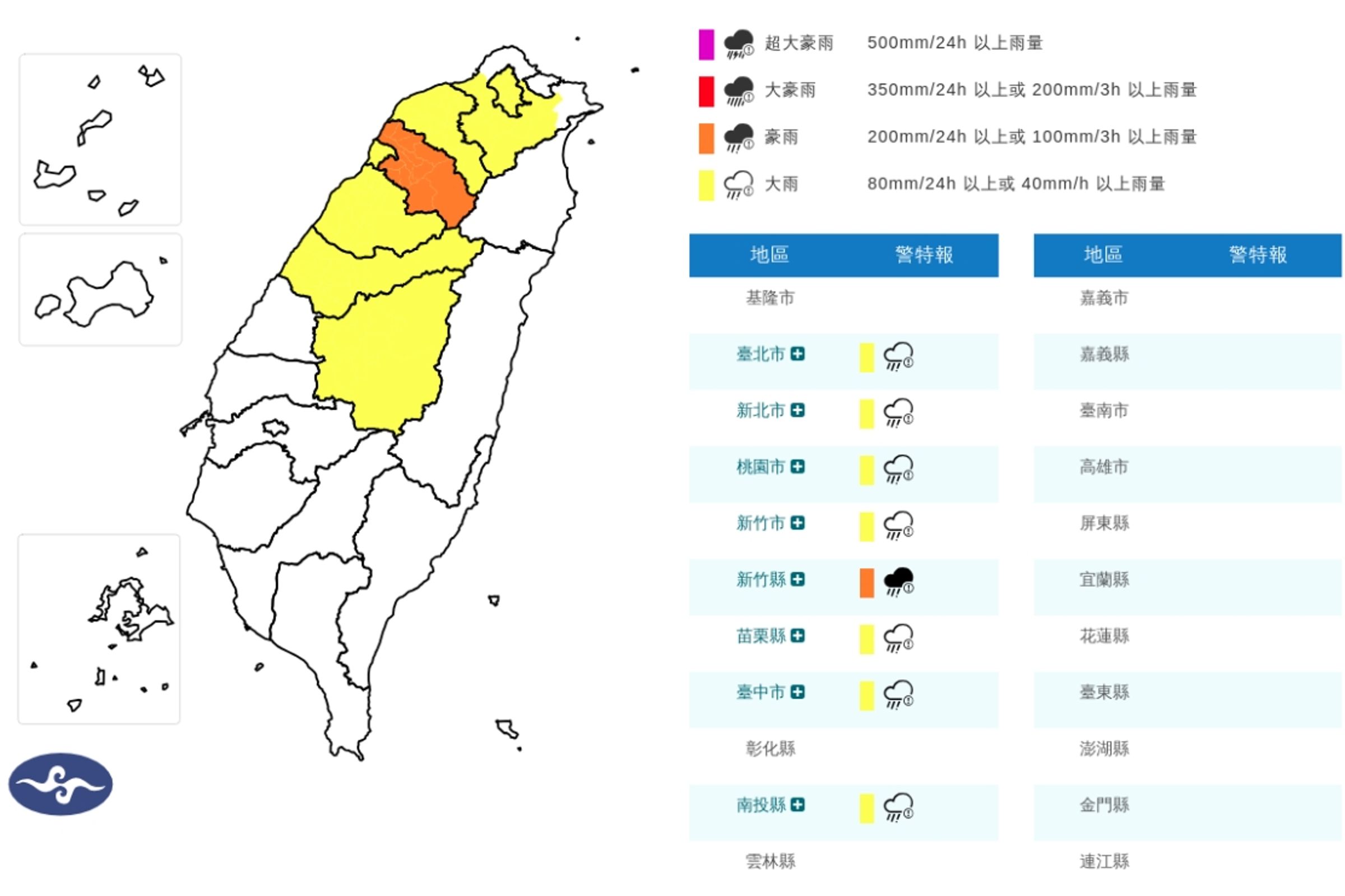 中央氣象署今針對全台8個縣市發布豪大雨特報。(氣象署提供)