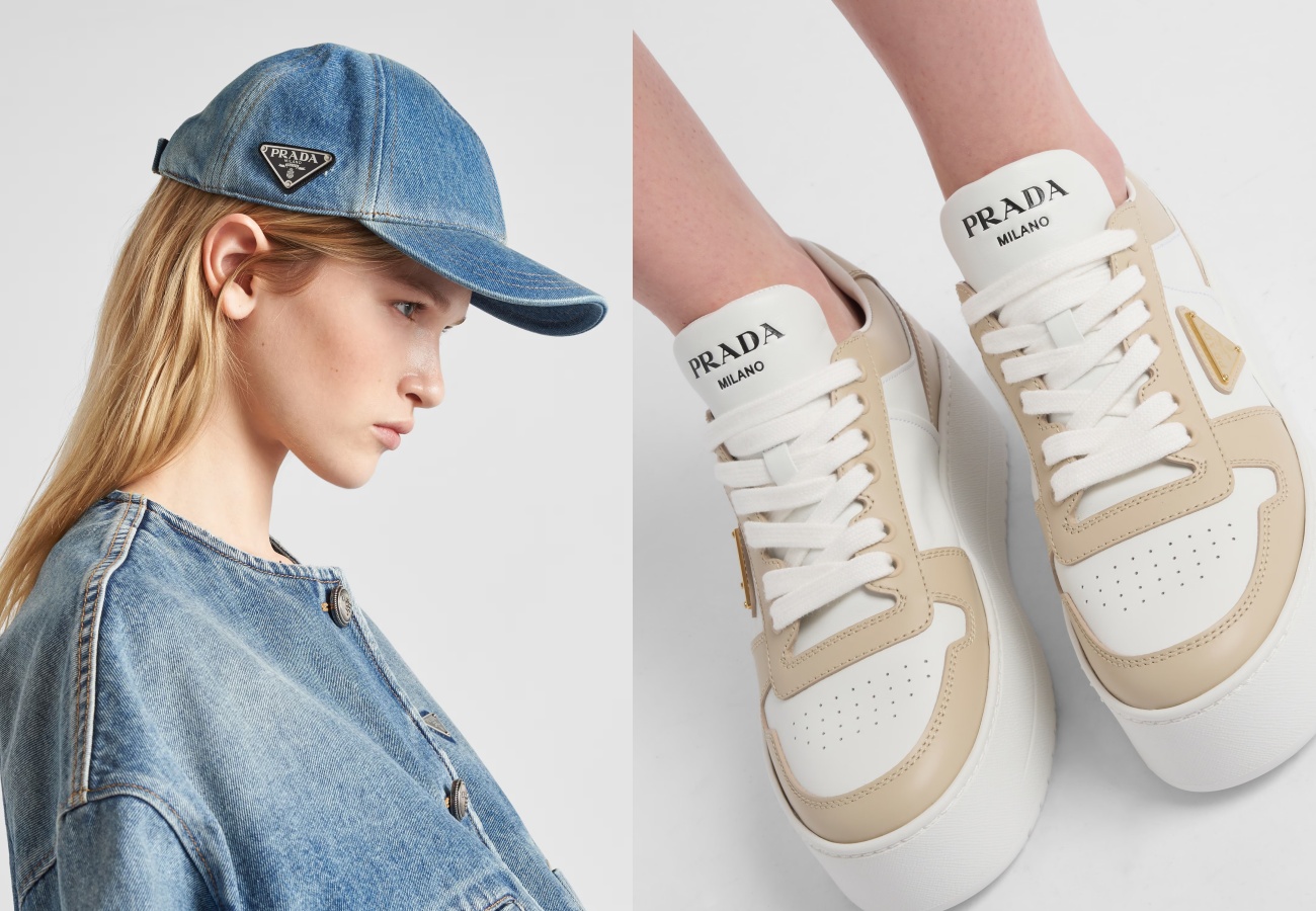 PRADA夏日推薦單品：（左圖）牛仔布棒球帽NT$24,000、（右）Downtown Bold皮革運動鞋 NT$39,000。（PRADA提供）