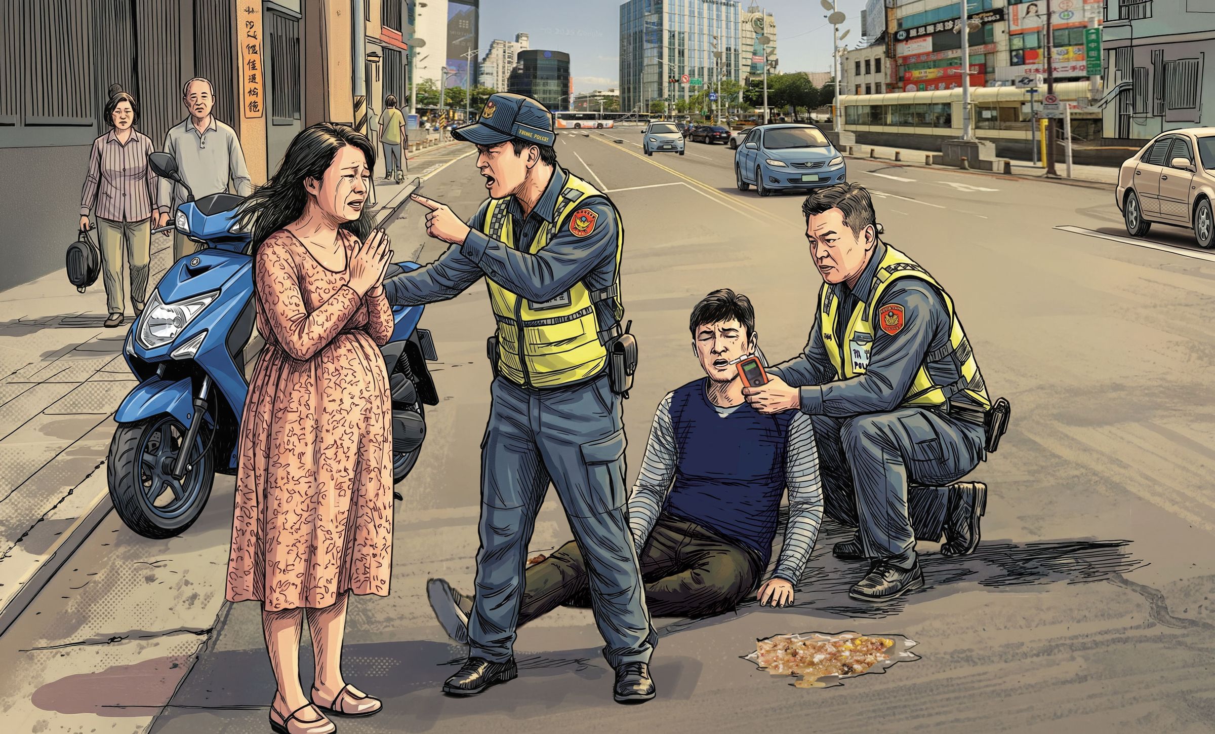 杜姓騎士意識不清,無法配合酒測,孕妻希望將丈夫送醫,遭員警拒絕。(AI繪圖FREEPIK生成,本刊美術組後製)