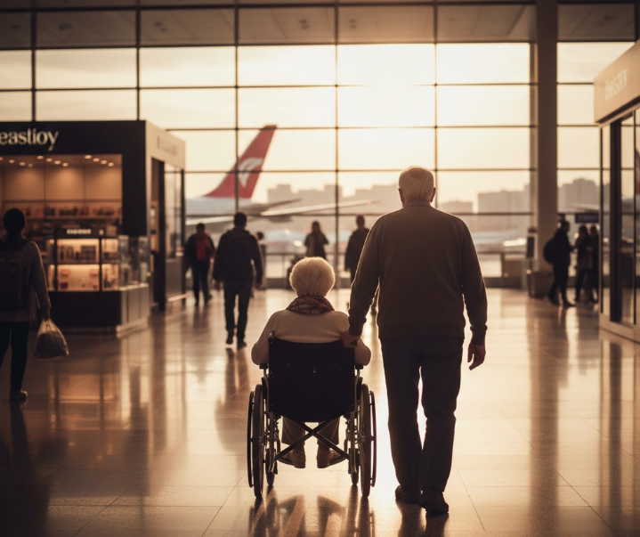 一名老先生推著輪椅上的老太太,但機場安檢人員發現,老太太似乎已成冰冷遺體。(示意圖,由AI生成)