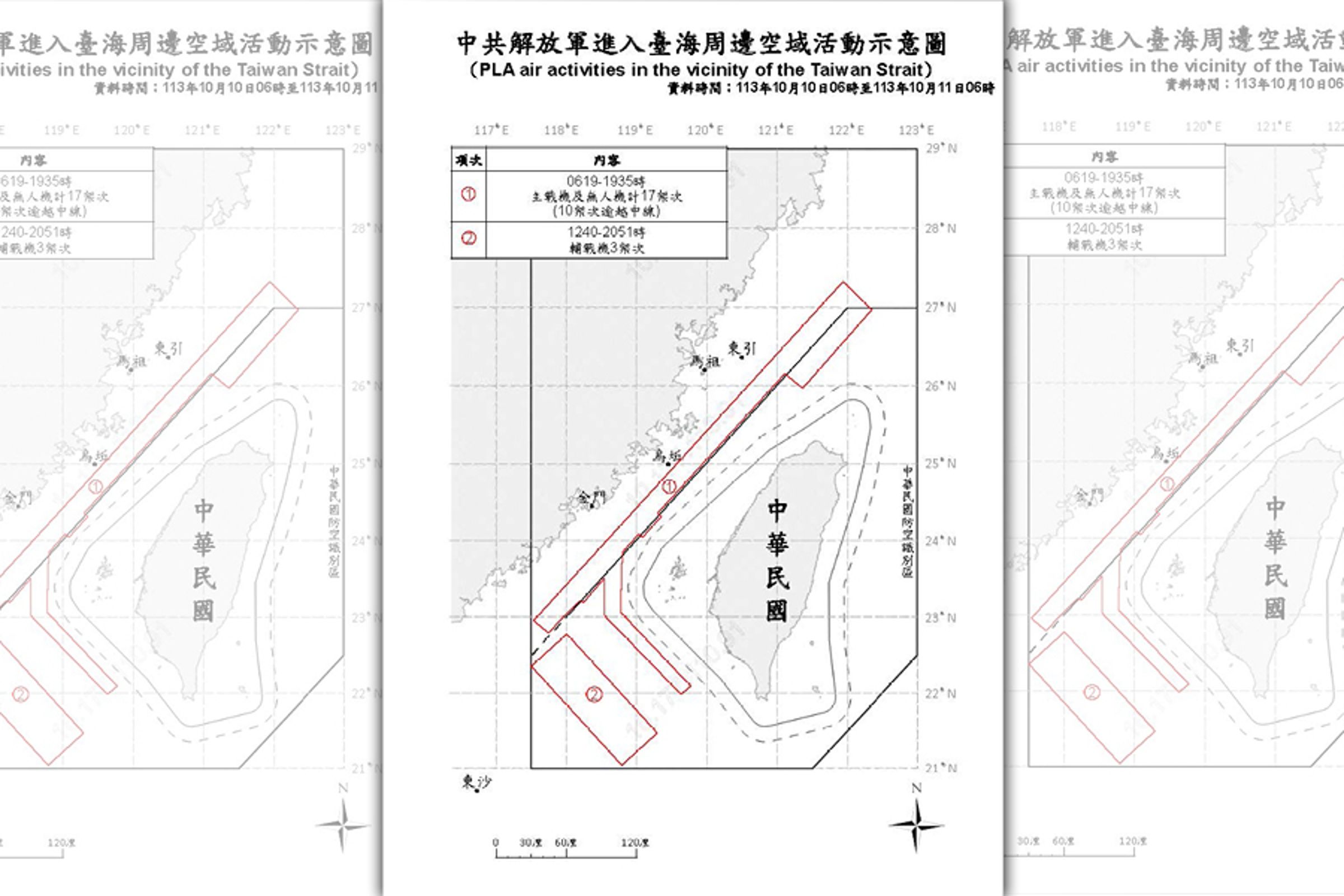 國防部偵獲共機20架次及共艦10架次,其中13架次共機中逾越海峽中線及其延伸線。(國防部提供)