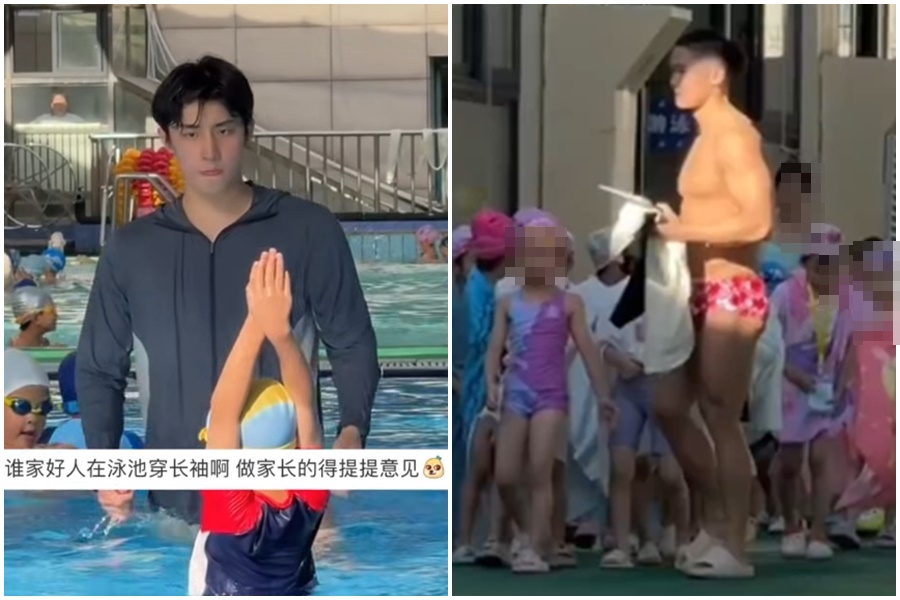 杭州一間游泳池的游泳教練,因外表帥氣、身材健壯,讓大票媽媽紛紛跟老公搶著送孩子去上課。(翻攝自微博)