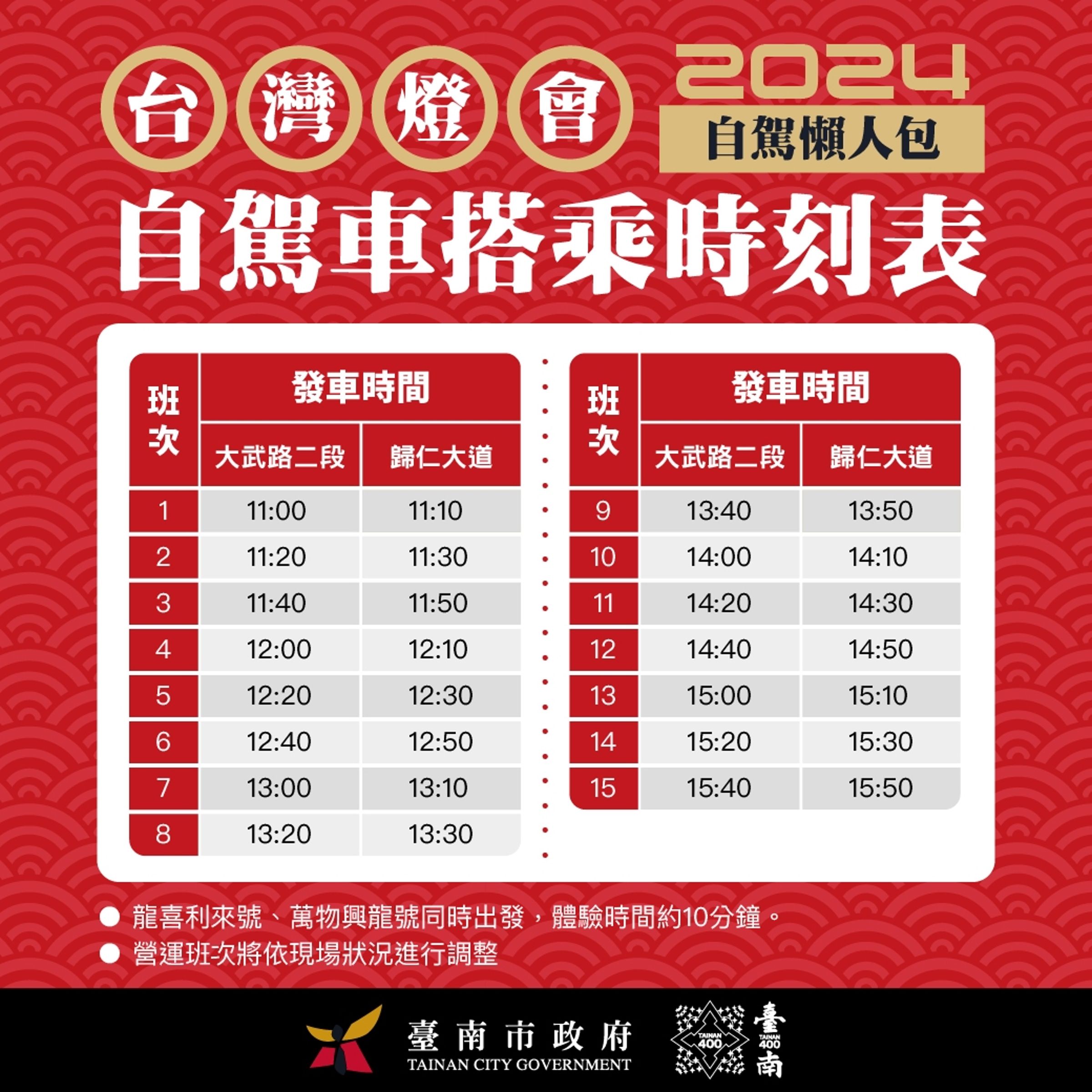 台灣燈會提供自駕車試乘體驗,營運期間為2/25至3/10,每日11:00-16:00,依固定班次每10分鐘進行發車。(台南市政府提供)
