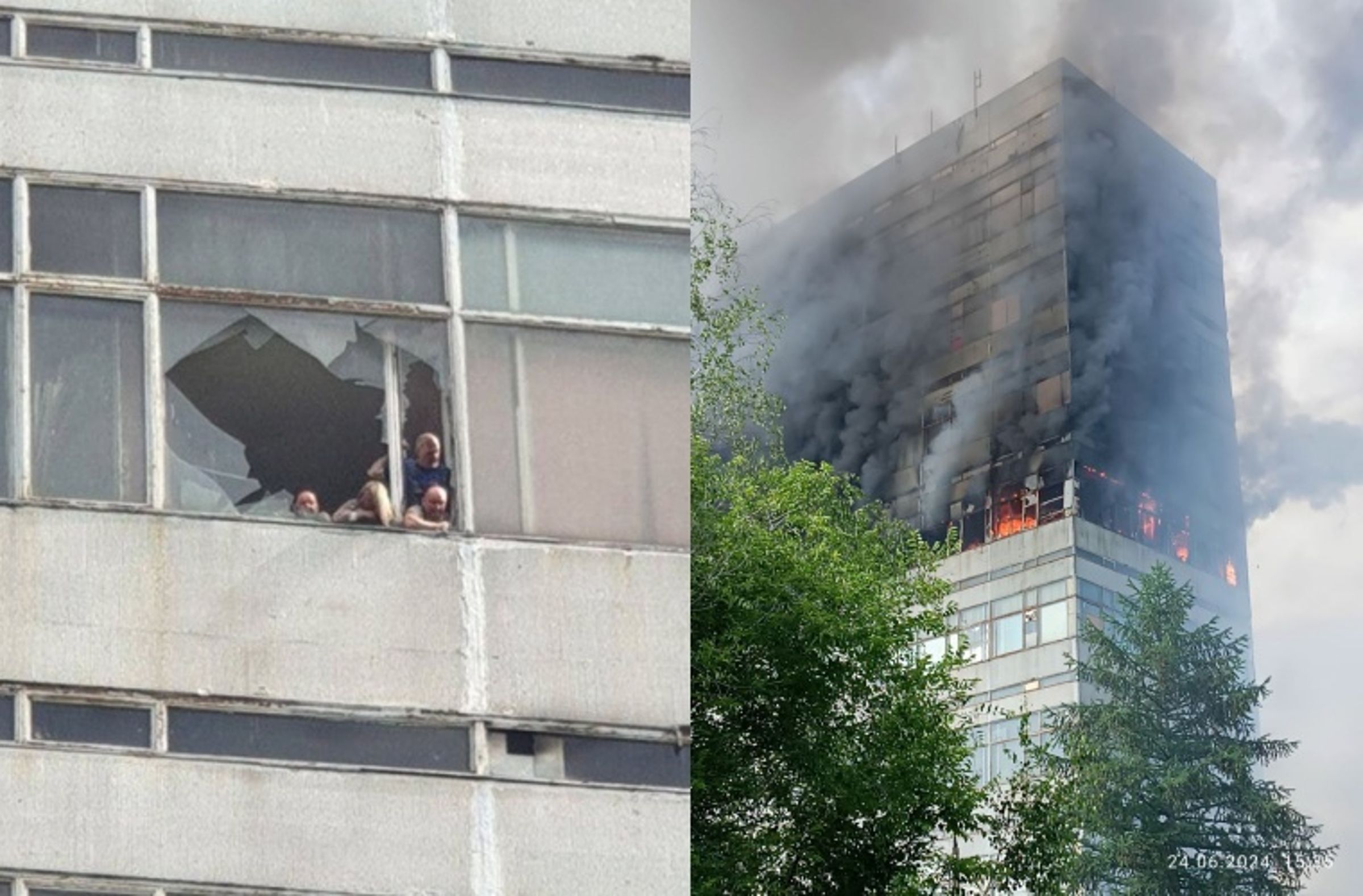 大樓發生大火,延燒跨3個樓層,受困者擠在破洞的窗戶旁準備跳窗逃生。(翻攝自X @The Informant)