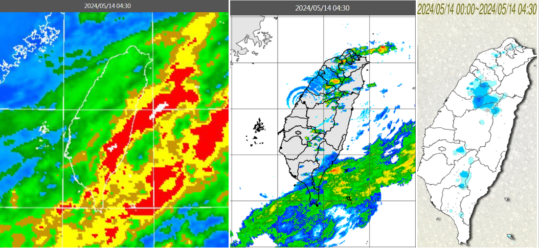 今晨4：30紅外線色調強化雲圖顯示，各地雲層仍多（左圖）；4：30雷達回波合成圖顯示，雲層伴隨局部降水回波（中圖）；4：30累積雨量圖顯示，北部及部分山區有局部降雨（右圖）。（翻攝自三立準氣象.老大洩天機）