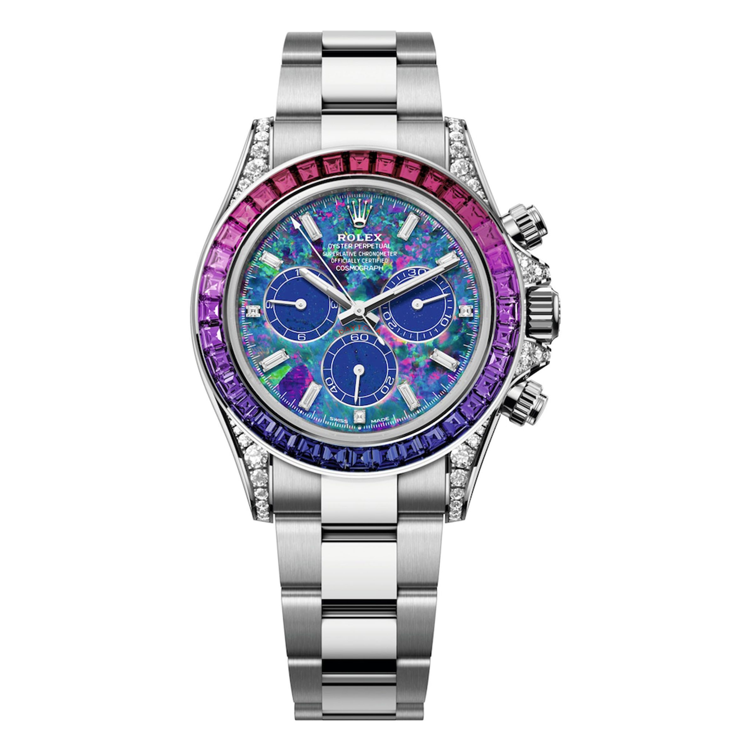 ROLEX Oyster Perpetual Cosmograph Daytona(Winter)|型號126596 SABV/錶徑40mm/950鉑金材質/藍色蛋白石錶面,搭配青金石計時盤及鑽石鐘點標記/外圈鑲嵌36顆梯形藍色漸變至紫紅色藍寶石。