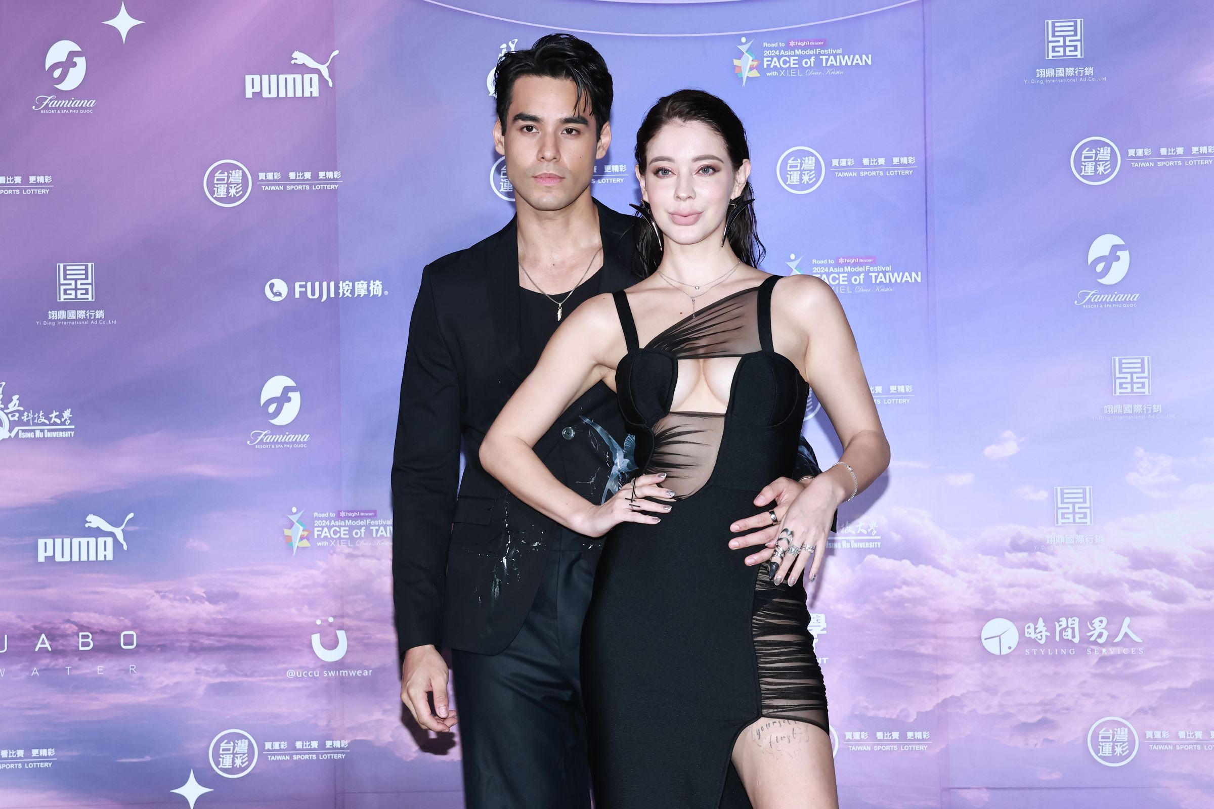俄羅斯美女藝人安妮(左起)與單曲MV男主角戴凱文出席璀璨之星總決賽。(伊林娛樂提供)
