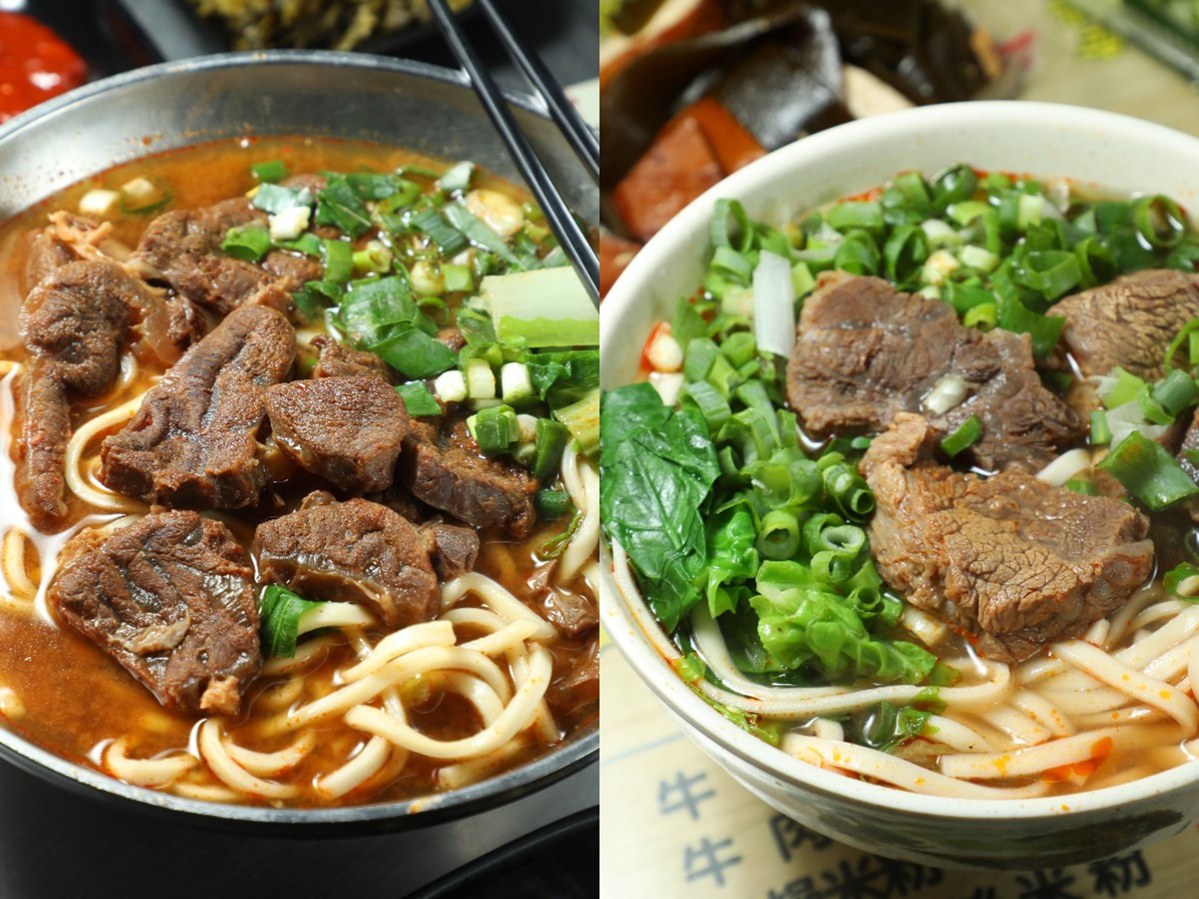 系出同門的新明牛肉麵(右)與永川牛肉麵(左),是來中壢遊玩時,不能錯過的美味料理。(何宗昇攝)