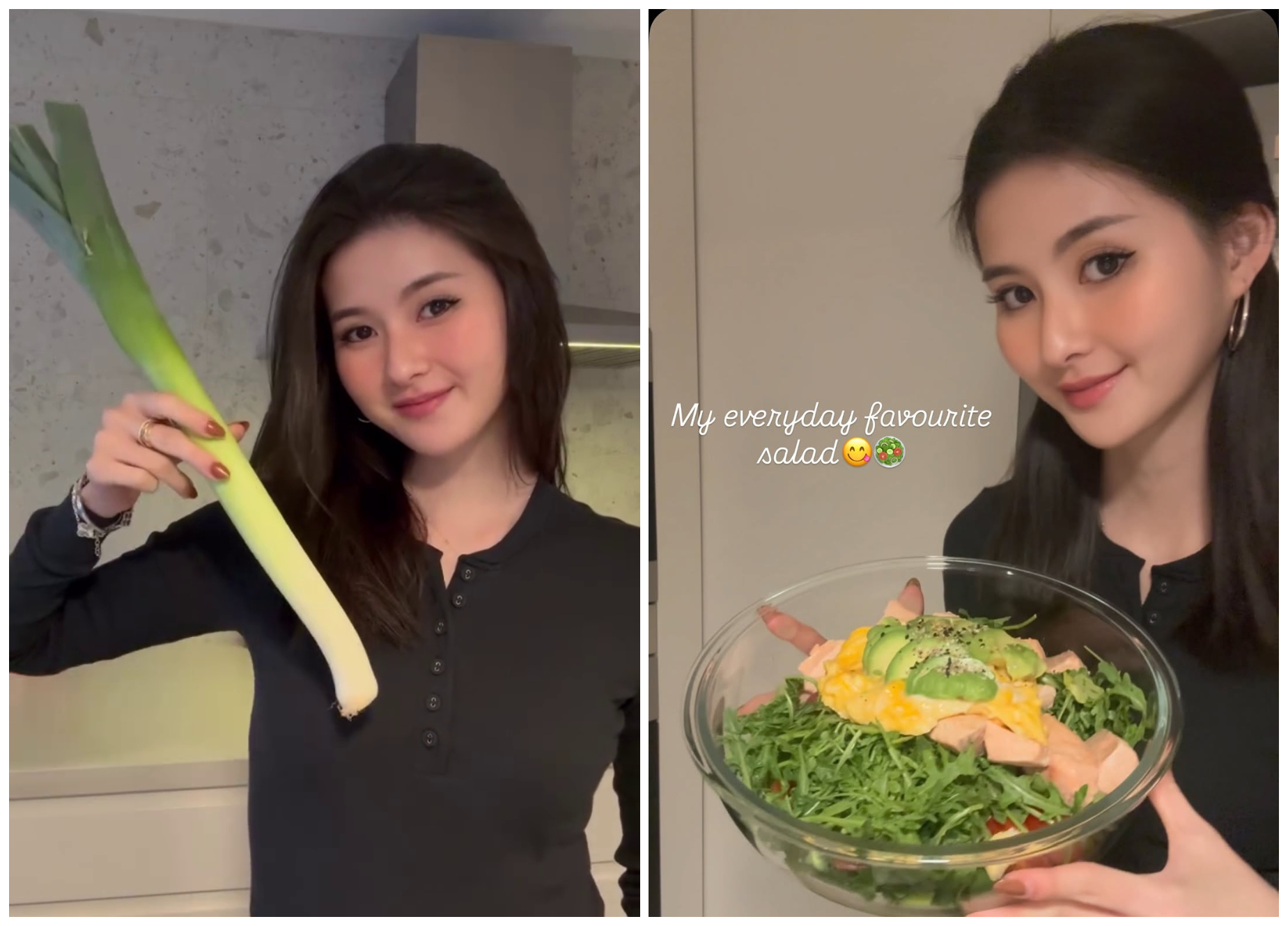廖思惟教大家做她最喜歡，也是每天都會吃的沙拉，拿著大蔥開始下廚。（翻攝inmomentsofstillness IG）
