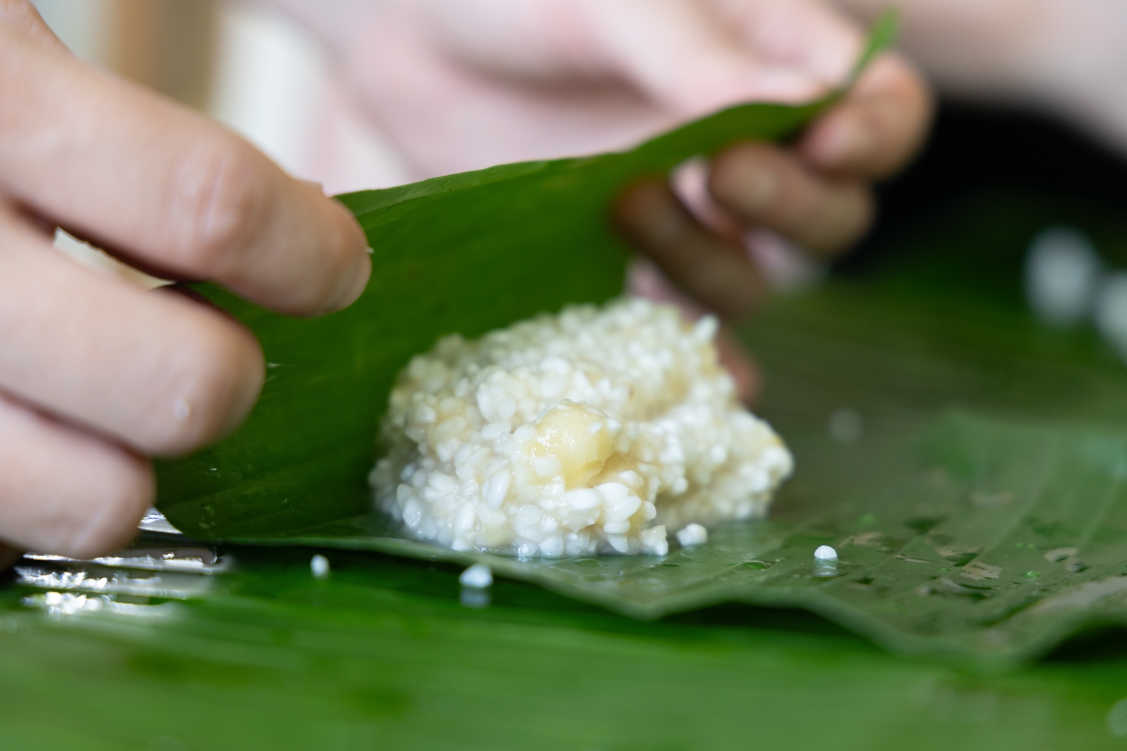 香蕉飯以圓糯米拌入熟香蕉,還會加入小米提味,再以野生香蕉葉包裹,蒸出自然果香。