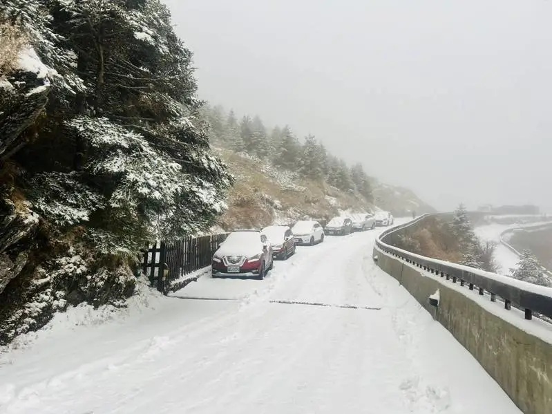 合歡山凌晨開始飄雪，積雪約10至15公分，宛如銀白世界。（林保署南投分署提供）