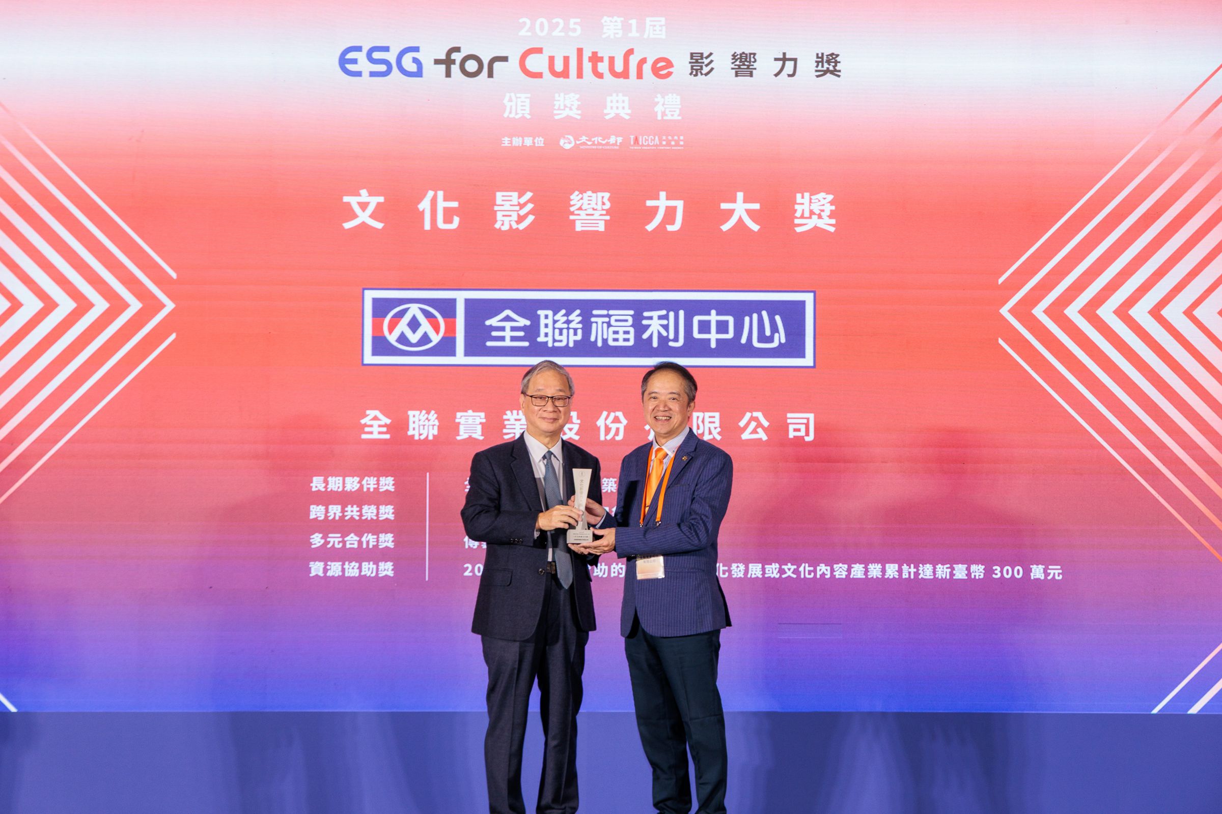 基金會持續深耕宜蘭傳藝園區有成,拿下文策院「ESG for Culture文化影響力大獎」,由文化部長李遠(左)頒獎,全聯副總經理林子文領獎。(全聯提供)