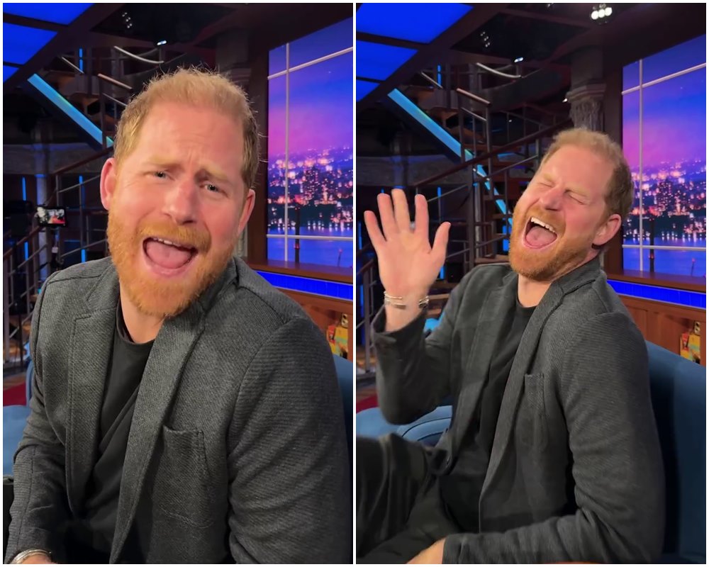 哈利在預告片中大玩爆紅的對嘴片段，舉止浮誇。（翻攝The Late Show IG）