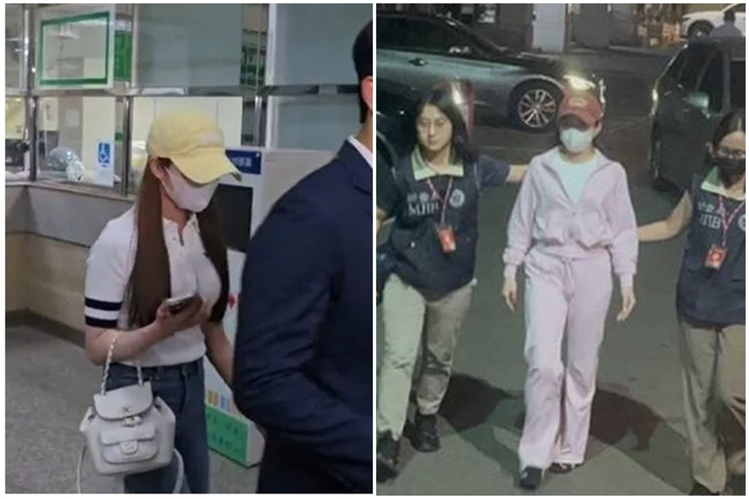 YouTuber網紅家寧交保後,上車前突面對鏡頭以「對折式」3鞠躬;妹妹(左)則高調全身名牌現身。(翻攝畫面)