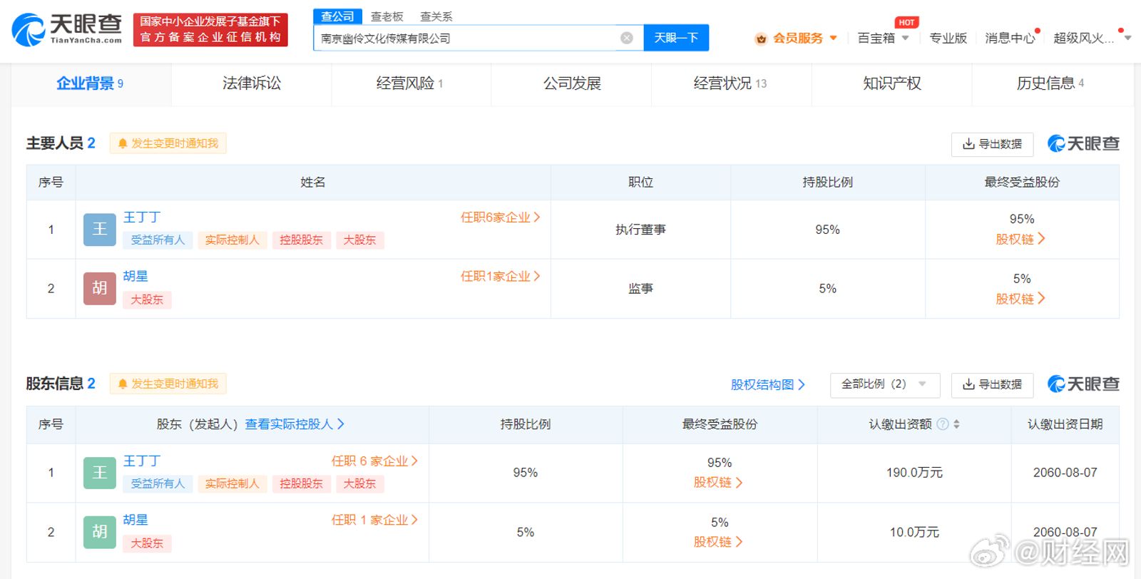 南京幽伶文化傳媒有限公司由王丁丁、胡星共同持股。（圖／翻攝微博）