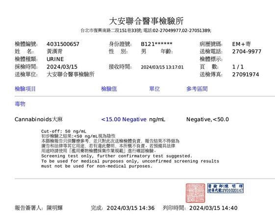 嫩妻花花持麻被逮，阿沁因警局檢驗結果尚未出爐，為了自清他今天到醫院檢驗，大麻檢驗報告為「陰性」。（晴空未來提供）