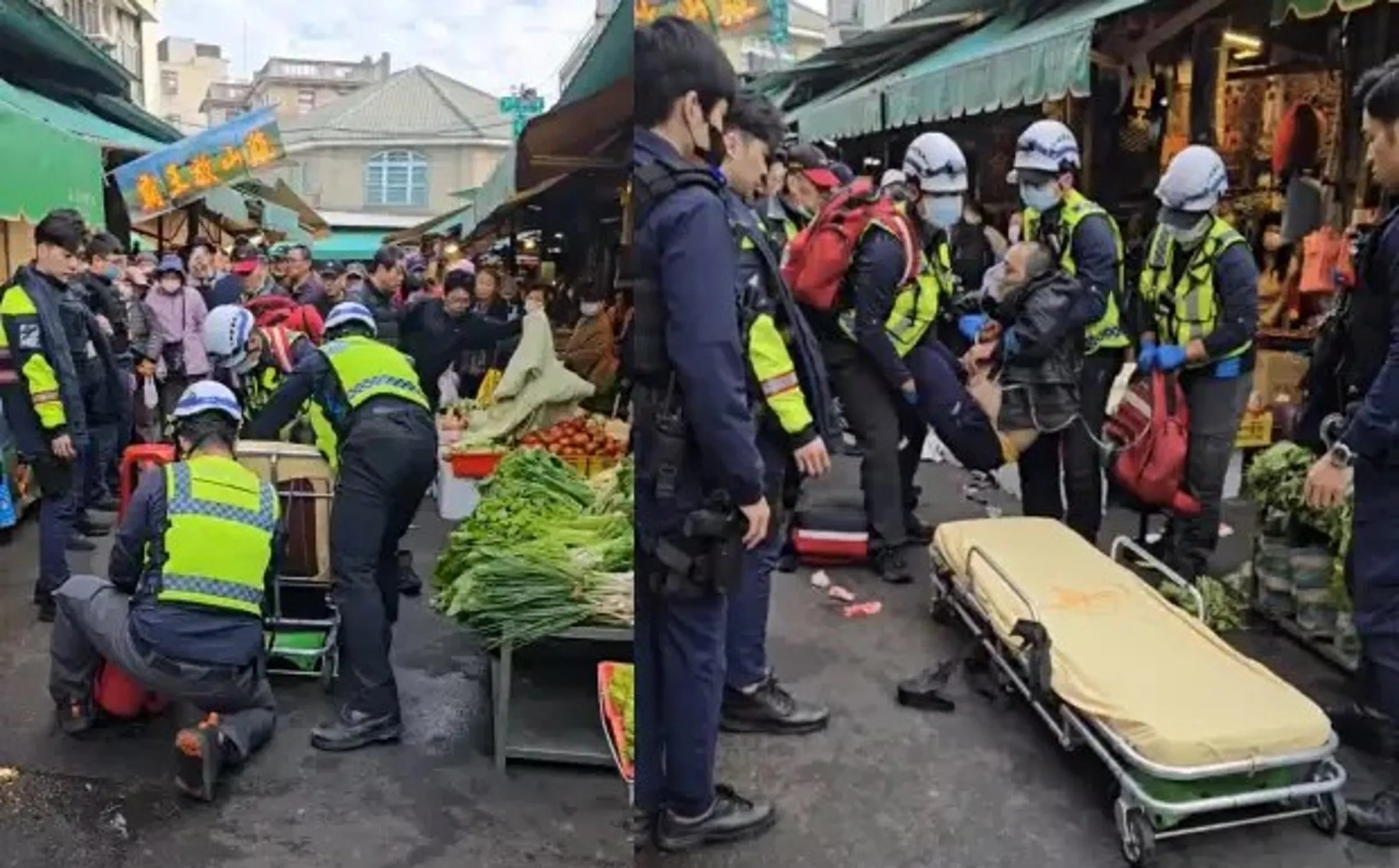 苗栗南苗市場今上午發生砍人事件，凶嫌遭警察開槍擊中後送醫不治。（翻攝畫面）