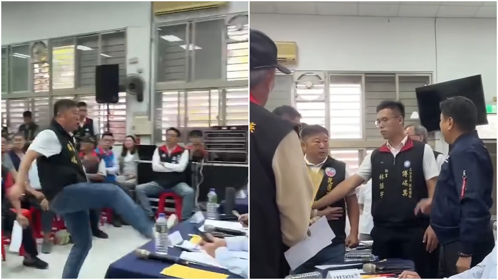 花蓮縣議長張峻闖入會場，當傅崐萁面前踢桌抗議。（翻攝臉書「貓與邪佞的手指」）