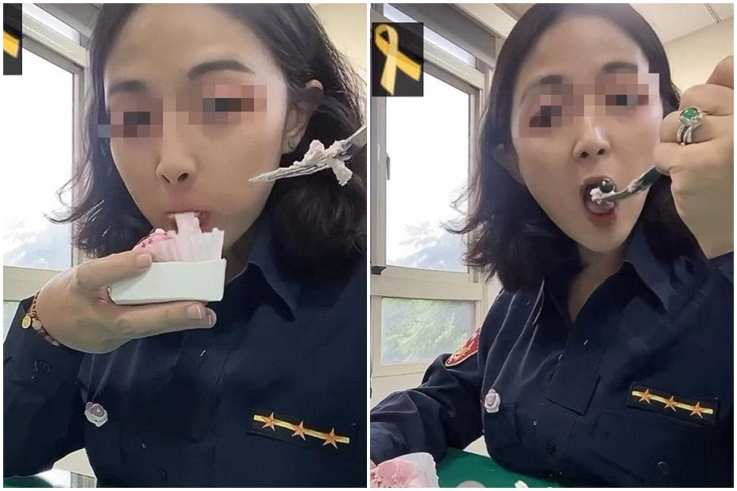 桃園一名洪姓女警在社群發文悼念時,竟將胸部放在桌上吃甜點,並訴說自己感情觀,影片一曝光,隨即遭網友炎上。(翻攝自Threads)