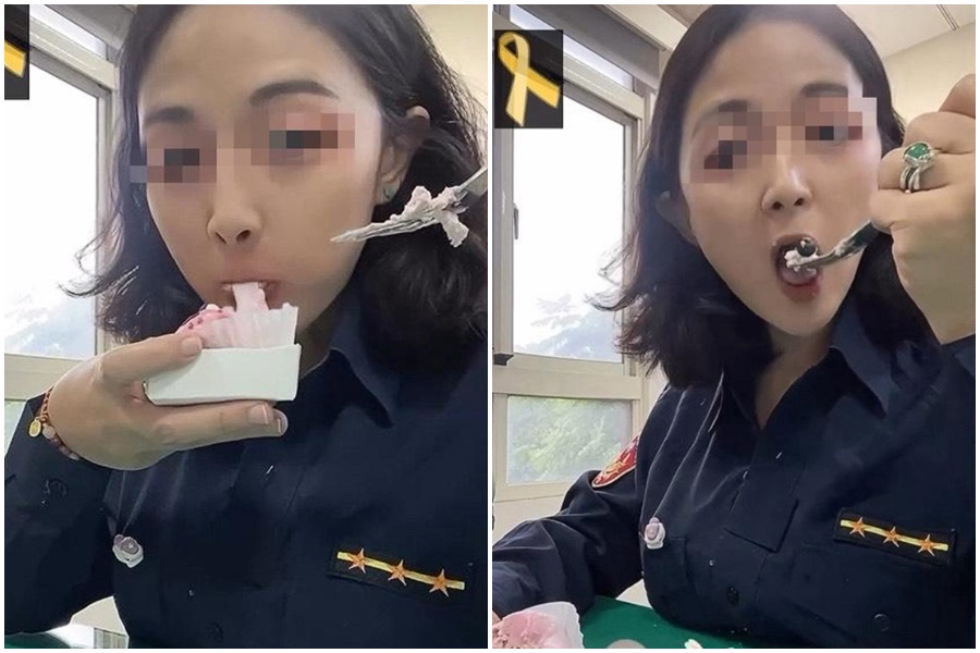 桃園一名洪姓女警在社群發文悼念時，竟將胸部放在桌上吃甜點，並訴說自己感情觀，影片一曝光，隨即遭網友炎上。（翻攝自Threads）