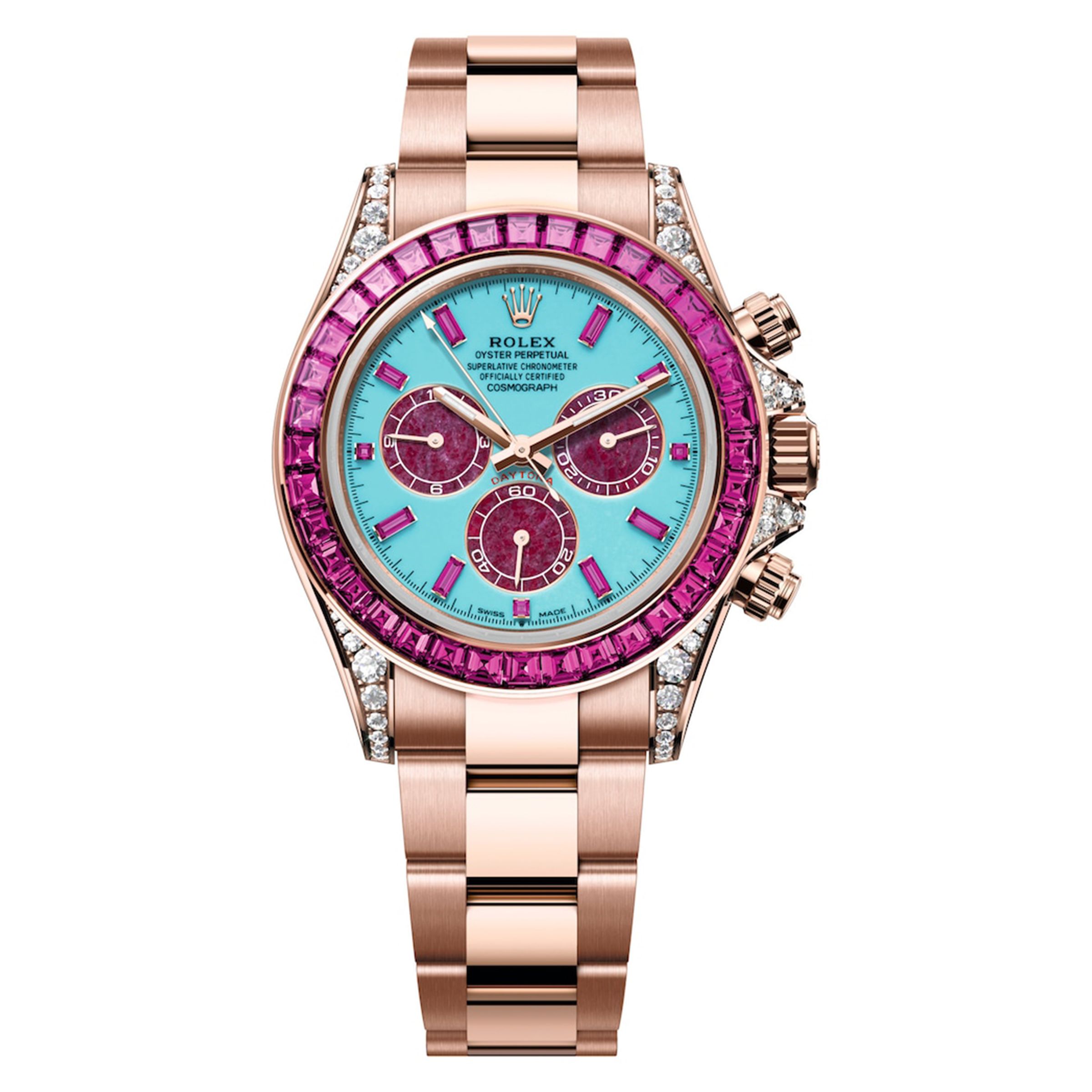ROLEX Oyster Perpetual Cosmograph Daytona(Summer)|型號126595 SARO/錶徑40mm/18K永恒玫瑰金材質/綠松石錶面,搭配紅寶石之心計時盤及粉紅色藍寶石鐘點標記/外圈鑲嵌36顆梯形粉紅色藍寶石。