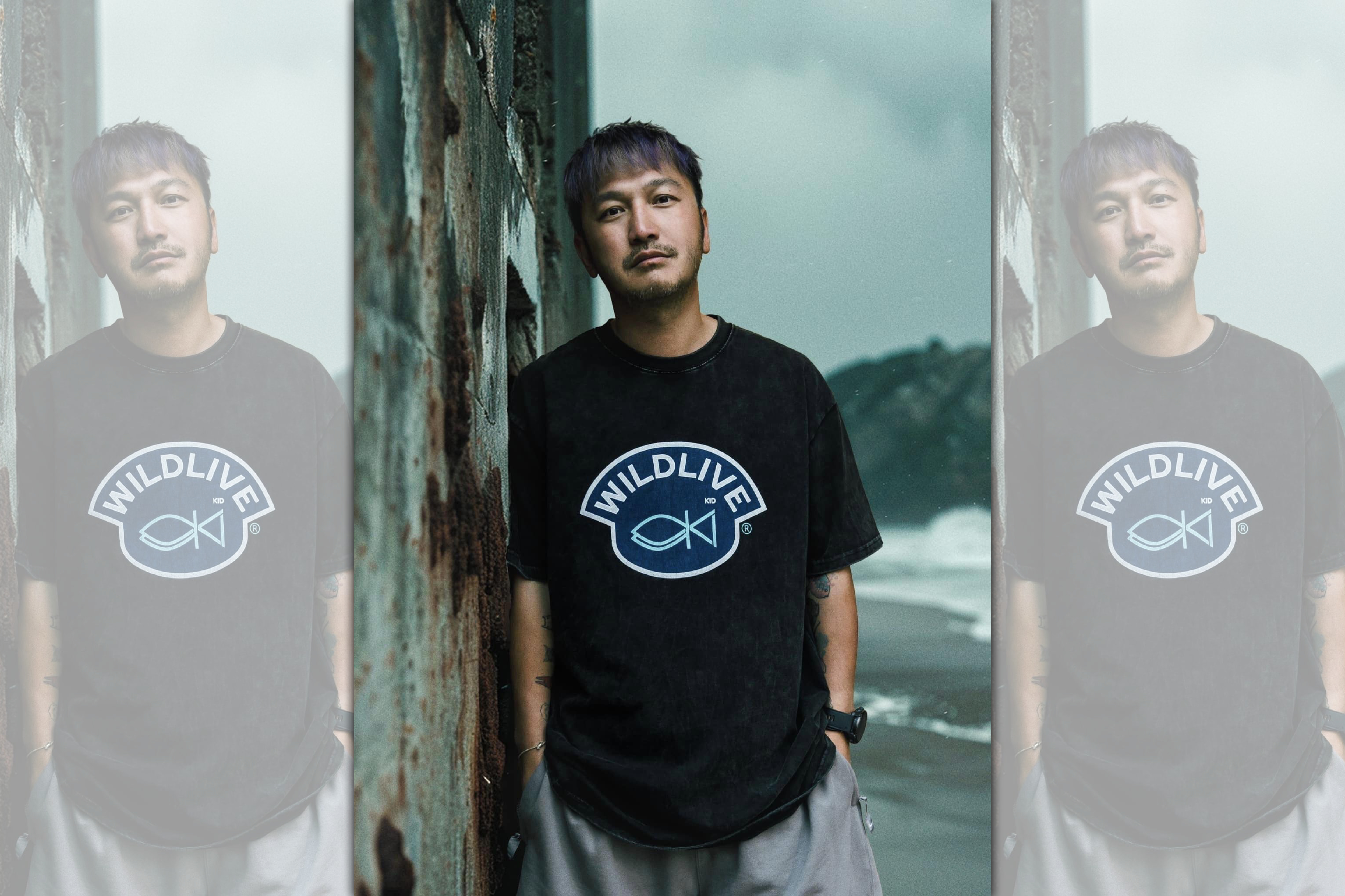 KID跟老婆出遊穿上情侶T曬恩愛同時，衣服小鬼（黃鴻升）的畫作。（翻攝自KID臉書）