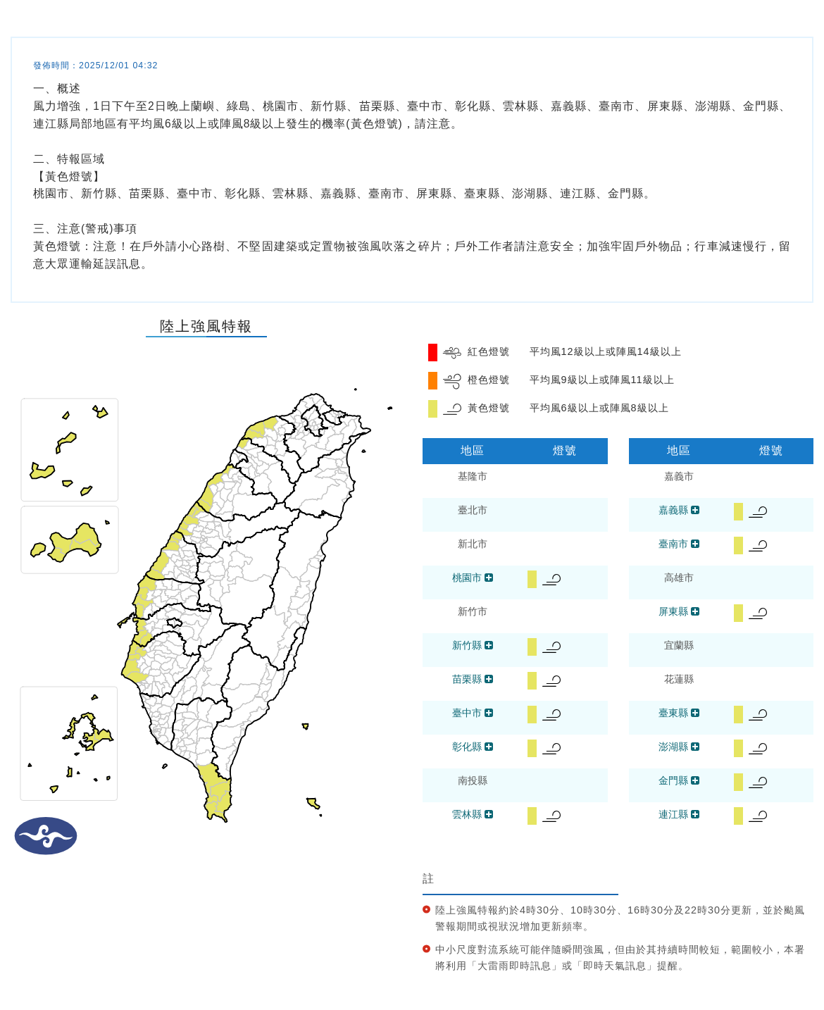 氣象署針對13縣市發布陸上強風特報。(中央氣象署提供)