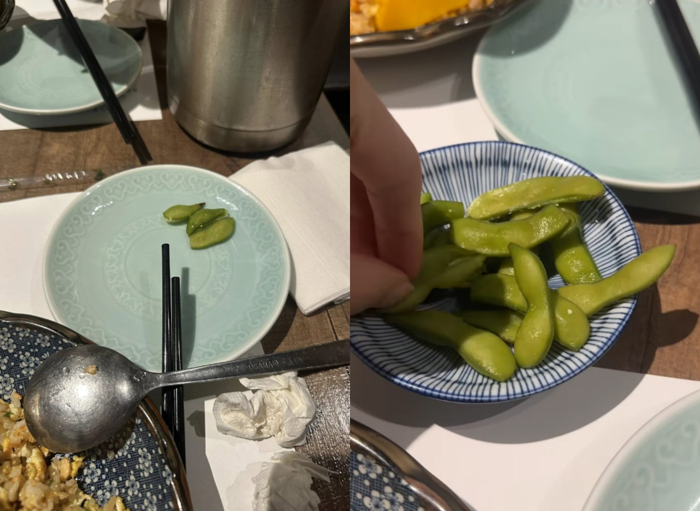 民眾收到店家招待的小菜毛豆,卻發現是其他顧客已食用過的空殼。(翻攝臉書社團「爆料公社二社」)