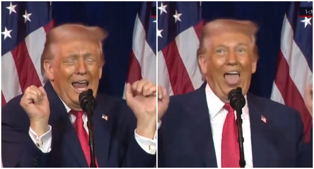 川普在演說時用誇張方式模仿跨性別舉重選手。(翻攝X@BBCArdalan)