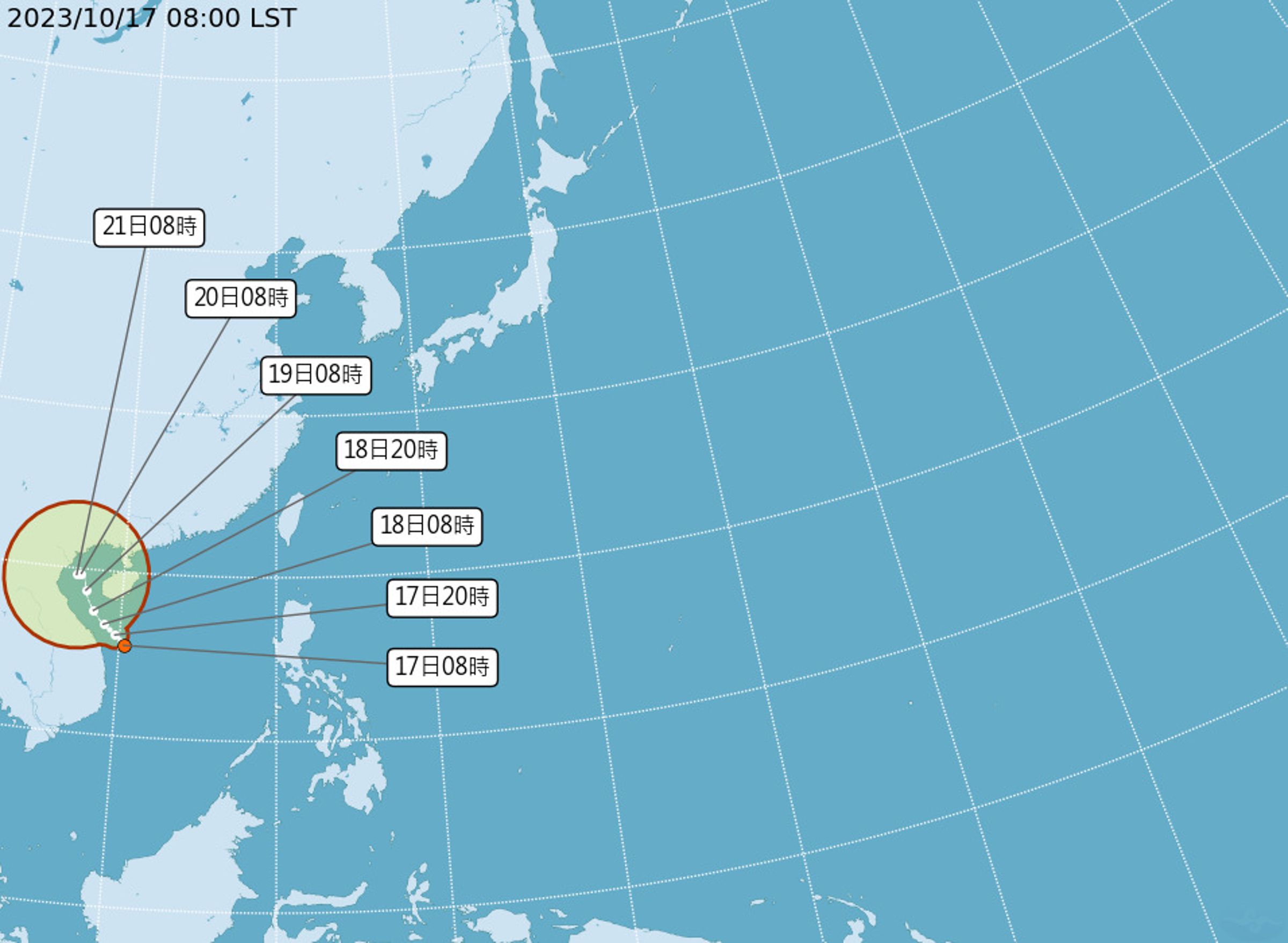 熱帶性低氣壓TD18今日生成,明天有機會成為今年第16號颱風「三巴」。(氣象署提供)