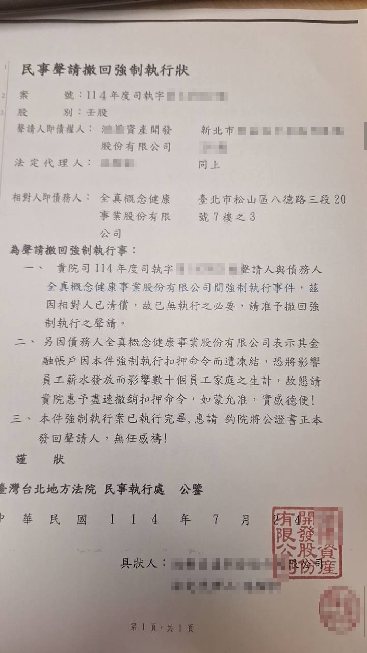 「全真瑜珈健身」分店積欠房租曾遭強制執行，今年7月清償後才撤回。（讀者提供）