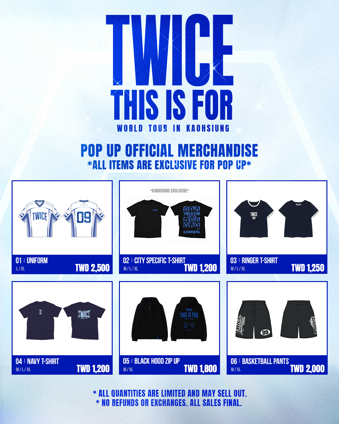 TWICE快閃店商品圖，將有制服、帽T等。（Live Nation 提供）