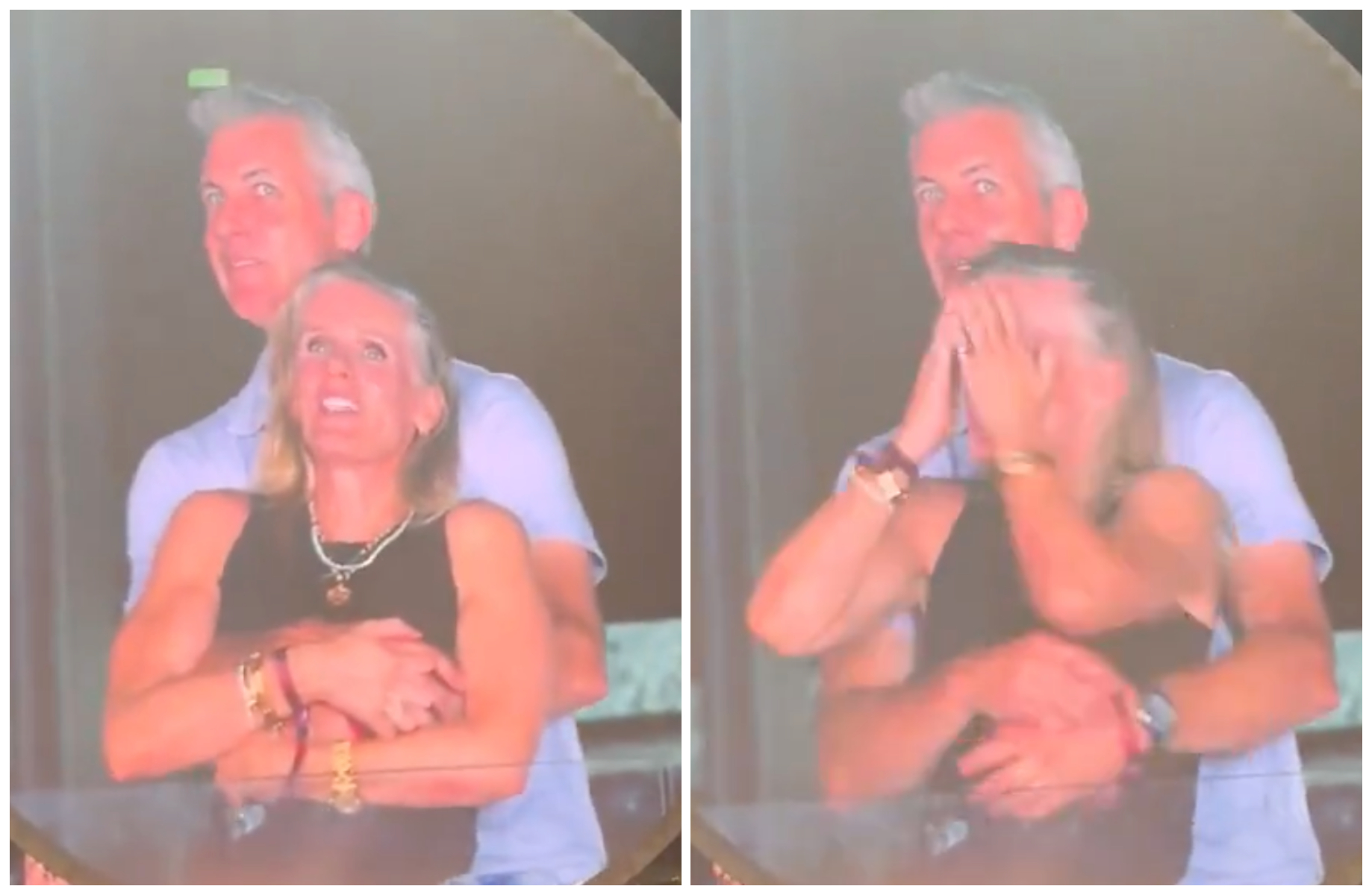 安迪拜倫（後）和克莉斯汀（前）被「親吻鏡頭」拍下，雙不倫曝光，成為大型抓姦現場。（翻攝TikTok影片畫面）