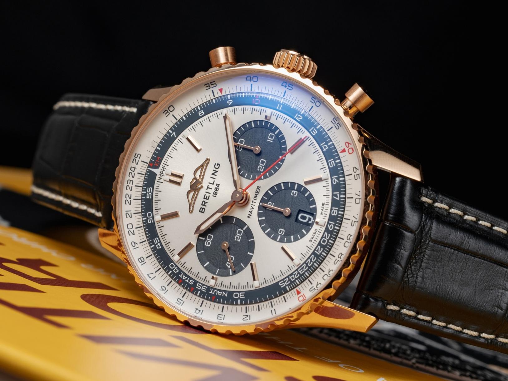 BREITLING Navitimer B01 Chronograph 43 STARLUX Edition / 此錶以2022年全新改款的新一代Navitimer系列腕錶作為基礎,錶徑43毫米,配備環形飛行滑尺、刻度時標、計時小錶盤等;面盤與指針、時標更採用星宇航空的企業識別色「曜石灰」「大地金」與「玫瑰金」為設計,配色經典低調,僅在錶冠處刻有星宇航空的logo做為識別。有18K玫瑰金與精鋼二種材質選擇。功能:時、分、小秒針指示;計時碼錶;日期顯示 / 機芯:自動上鏈機芯 / 定價:約NT$633,000(玫瑰金款,限量25只);約NT$288,000(精鋼款,限量140只)。