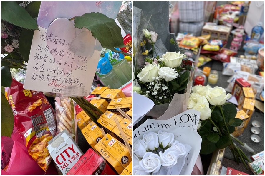 新北三峽北大國小事故現場今日聚集不少民眾獻花哀悼，北市議員江怡臻PO出的卡片內容令人鼻酸。（翻攝自江怡臻臉書、鏡報新聞網李智為）