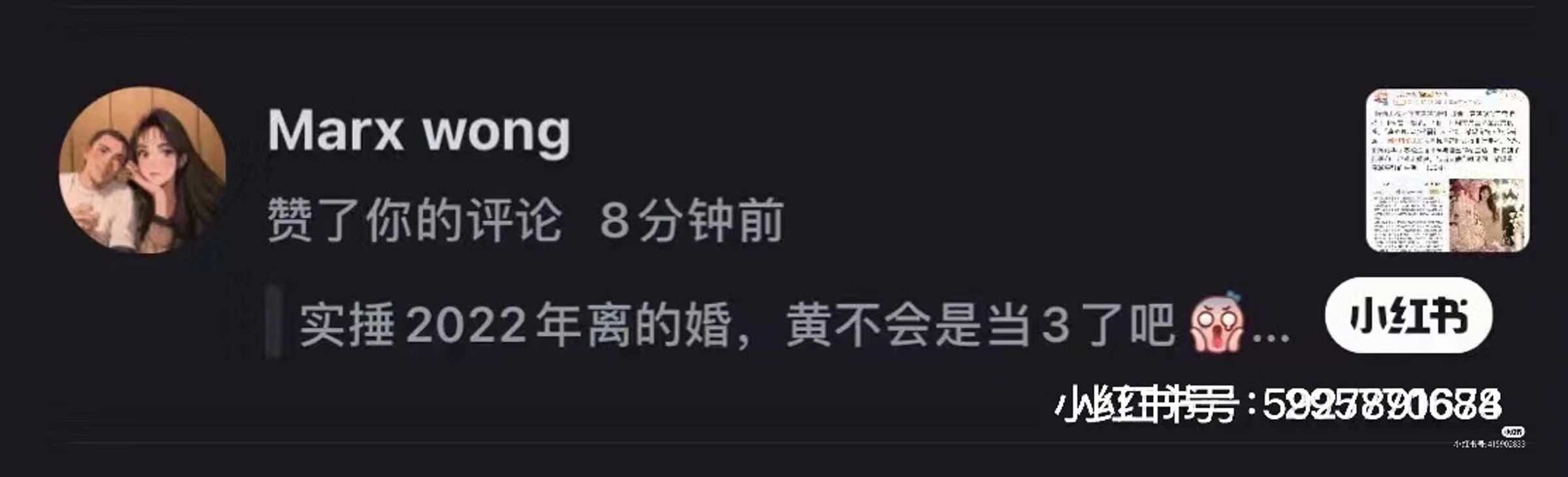 王命金針對指黃曉明才是「小王」的評論暗讚。（翻攝自王命金小紅書）