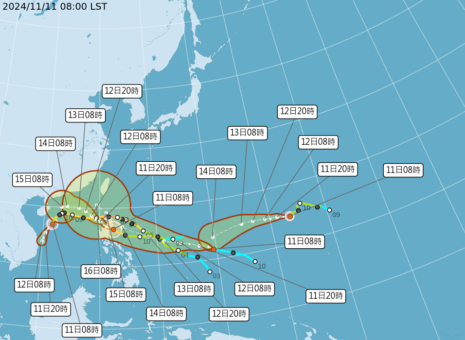 目前太平洋上已有3颱風，預計今明兩天可能會再生成颱風「天兔」。（中央氣象署提供）