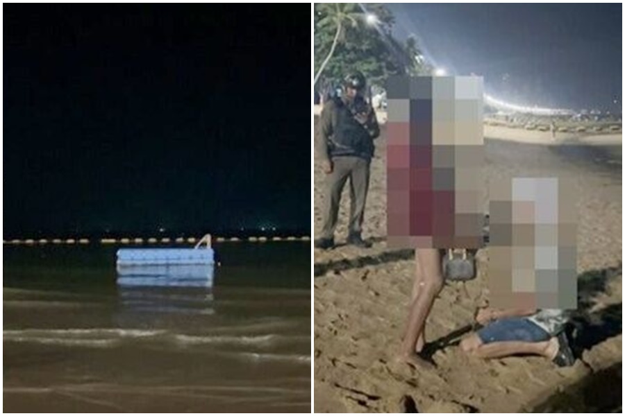 泰國芭達雅海灘，再爆出有男女在海邊上激戰，當場被警方抓包。（翻攝自Khaosod）