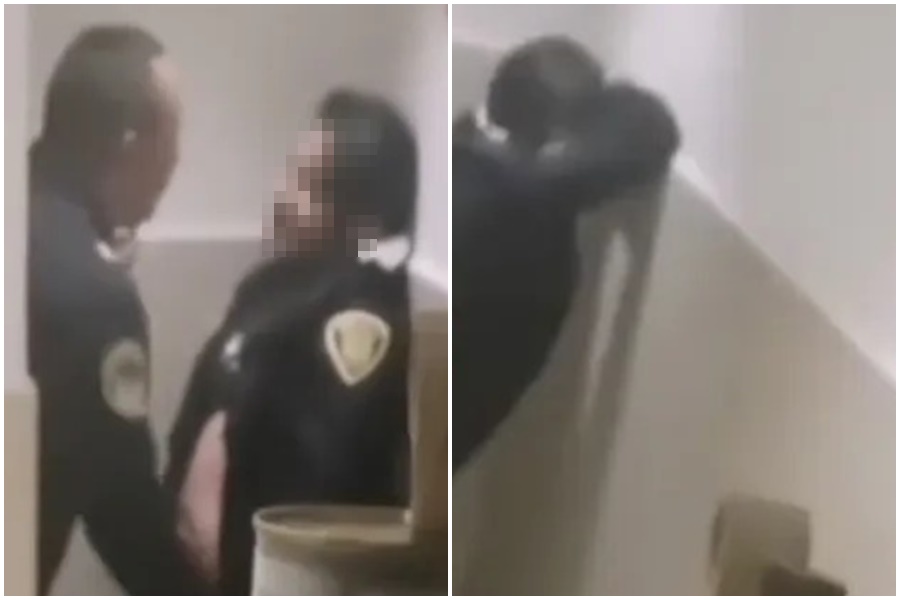 墨西哥警界爆出醜聞，竟有2名男女疑似在執勤時「凍未條」，穿著制服在公家機關的廁所裡激戰。（翻攝自X）